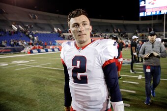 MEMPHIS, TENNESSEE - MARCH 24: Quarterback Johnny Manziel #2 of the Memphis Express looks on after their 31-25 overtime win against the Birmingham Iron during their Alliance of American Football game at Liberty Bowl Memorial Stadium on March 24, 2019 in M