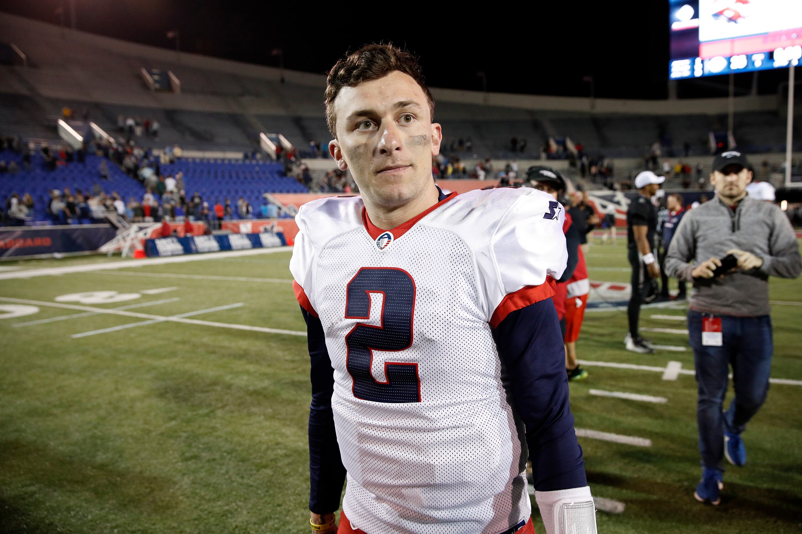 MEMPHIS, TENNESSEE - MARCH 24: Quarterback Johnny Manziel #2 of the Memphis Express looks on after their 31-25 overtime win against the Birmingham Iron during their Alliance of American Football game at Liberty Bowl Memorial Stadium on March 24, 2019 in M MEMPHIS, TENNESSEE - MARCH 24: Quarterback Johnny Manziel #2 of the Memphis Express looks on after their 31-25 overtime win against the Birmingham Iron during their Alliance of American Football game at Liberty Bowl Memorial Stadium on March 24, 2019 in M