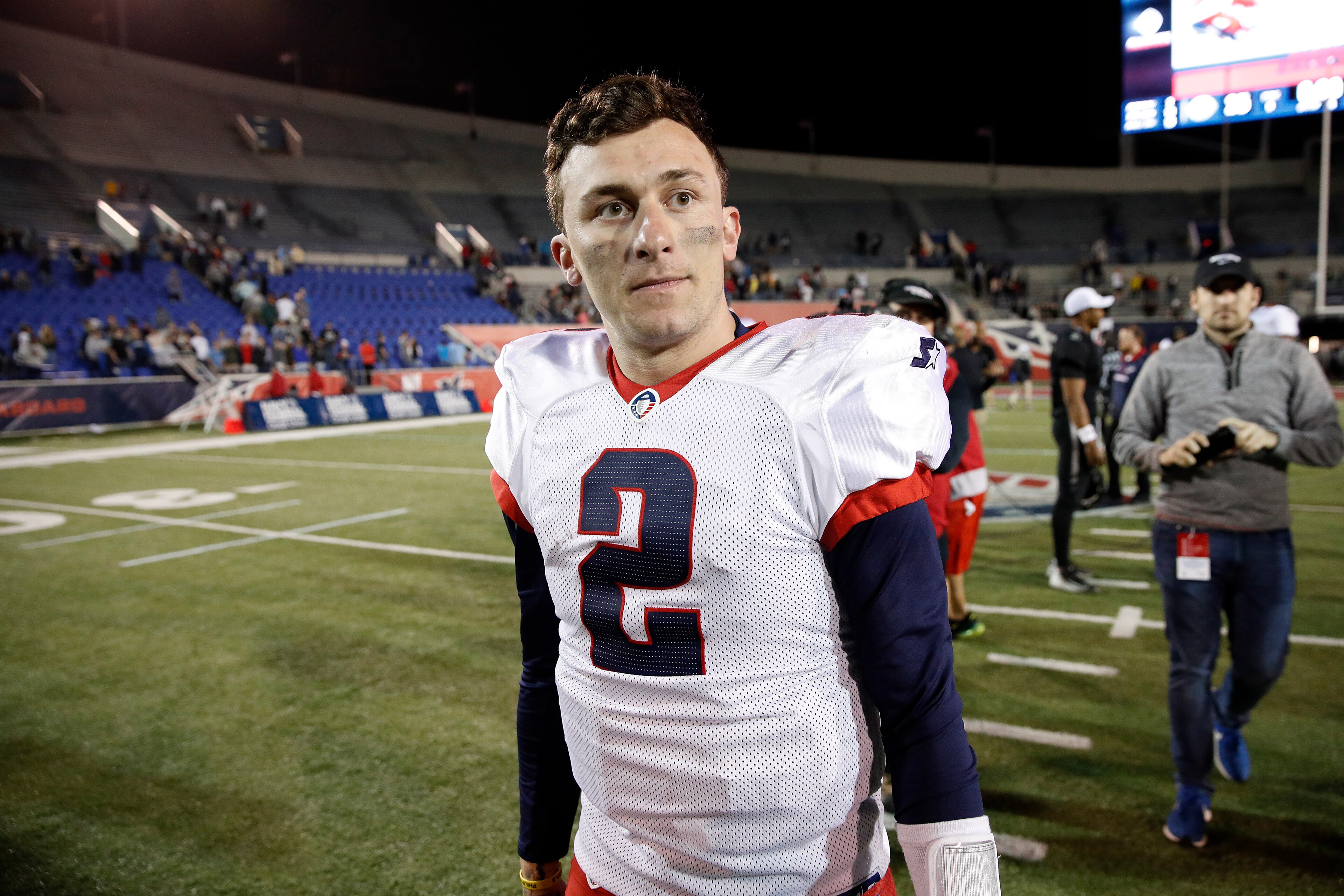 MEMPHIS, TENNESSEE - MARCH 24: Quarterback Johnny Manziel #2 of the Memphis Express looks on after their 31-25 overtime win against the Birmingham Iron during their Alliance of American Football game at Liberty Bowl Memorial Stadium on March 24, 2019 in M
