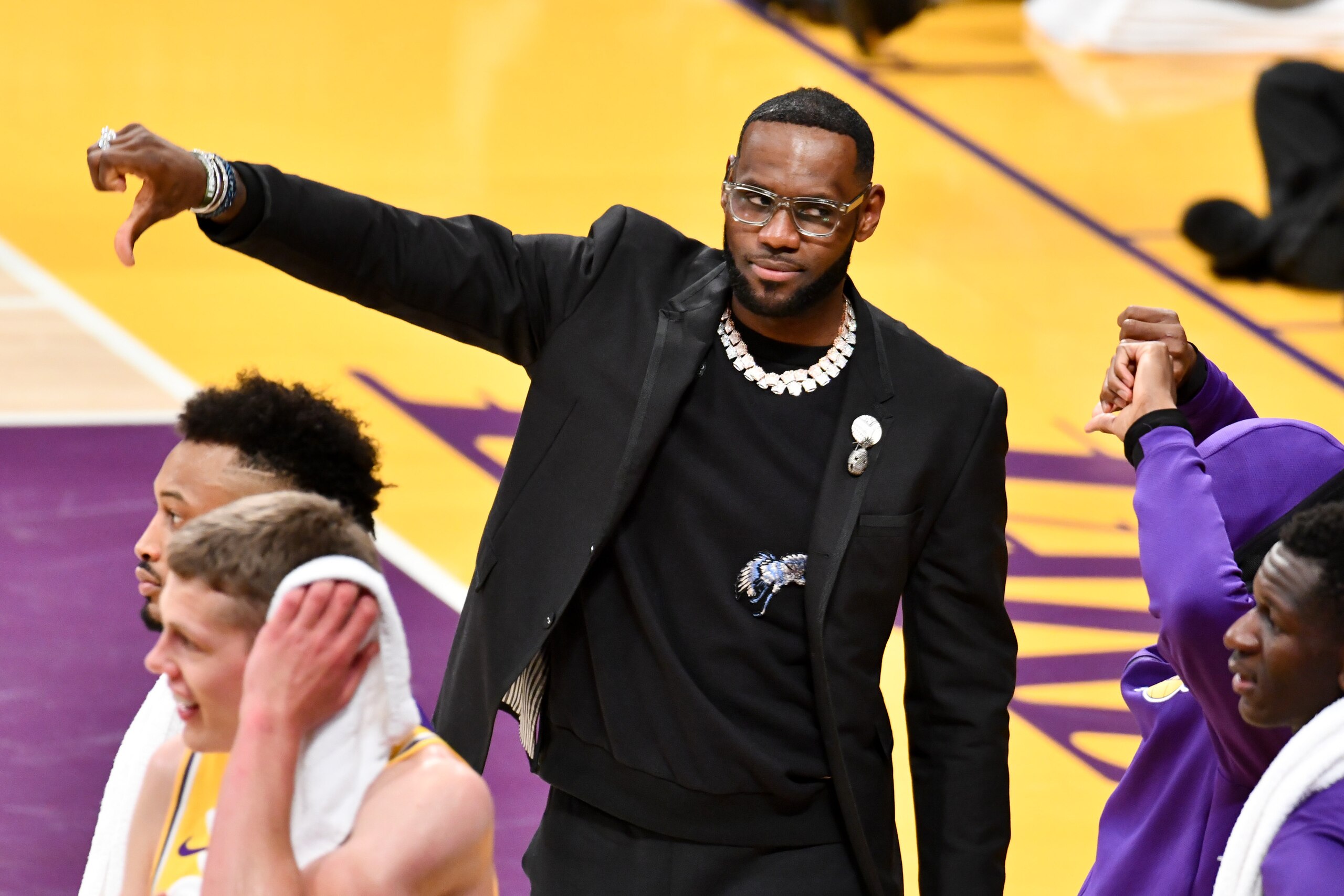 LOS ANGELES, CALIFORNIA - APRIL 09: LeBron James does not like a call against his team during a basketball game between the Los Angeles Lakers and the Portland Trail Blazers at Staples Center on April 09, 2019 in Los Angeles, California. (Photo by Allen B