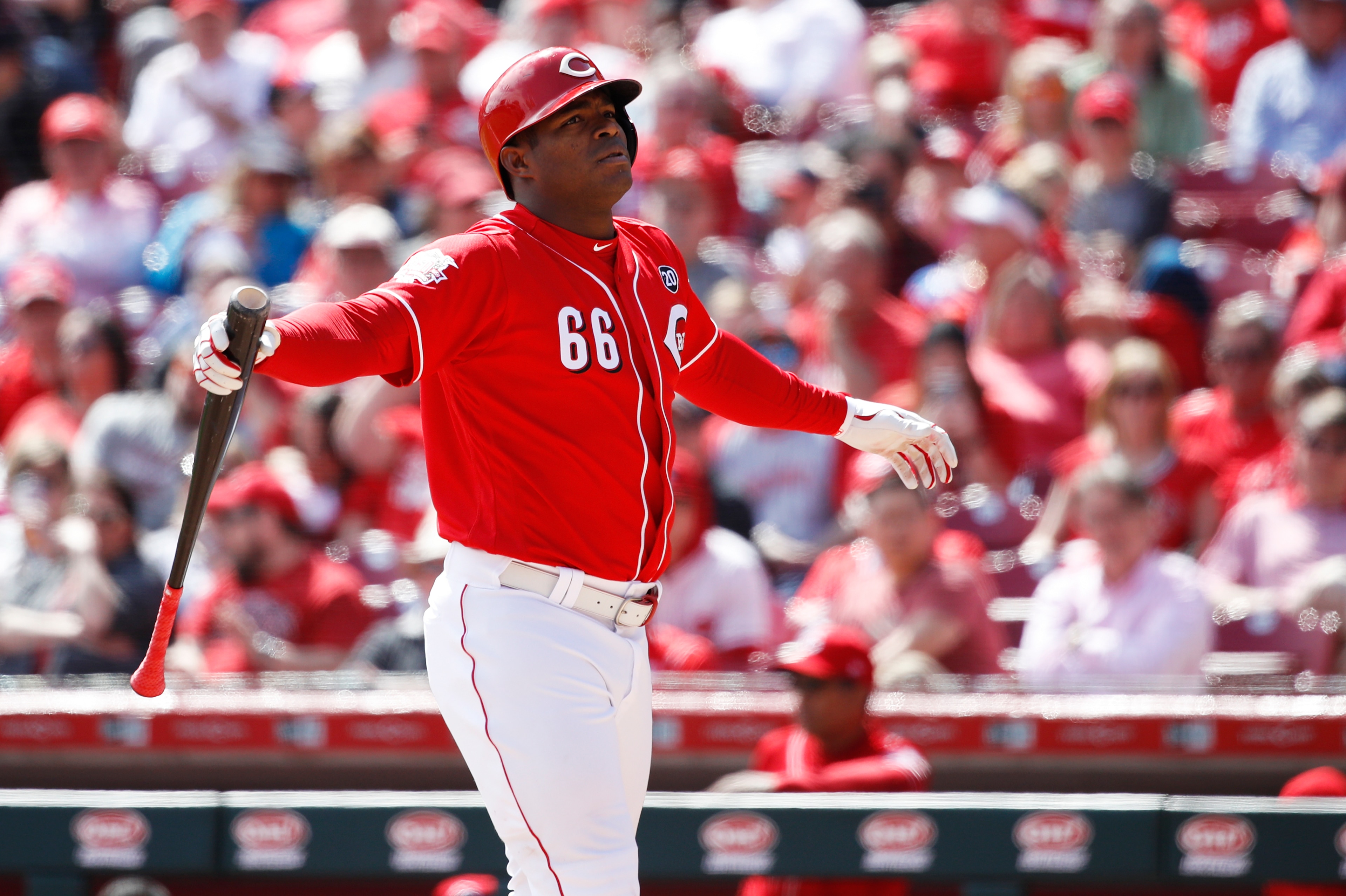 CINCINNATI, OH - APRIL 03: Yasiel Puig #66 of the Cincinnati Reds looks on during a game against the Milwaukee Brewers at Great American Ball Park on April 3, 2019 in Cincinnati, Ohio. The Brewers won 1-0. (Photo by Joe Robbins/Getty Images) CINCINNATI, OH - APRIL 03: Yasiel Puig #66 of the Cincinnati Reds looks on during a game against the Milwaukee Brewers at Great American Ball Park on April 3, 2019 in Cincinnati, Ohio. The Brewers won 1-0. (Photo by Joe Robbins/Getty Images)