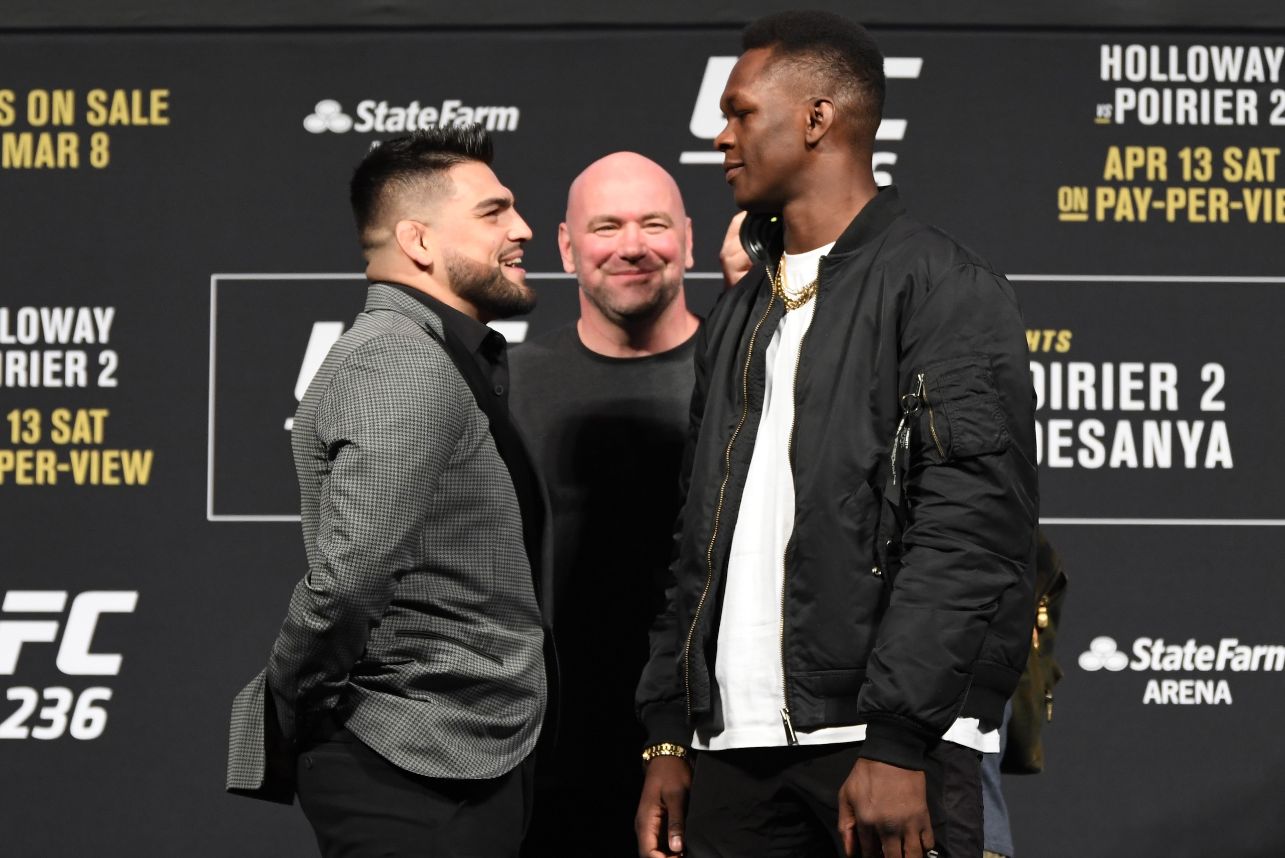 LAS VEGAS, NV - MARCH 1:  (L-R) Opponents Kelvin Gastelum and Israel Adesanya face off during the UFC 236 Press Conference inside T-Mobile Arena on March 1, 2019 in Las Vegas, Nevada. (Photo by Jeff Bottari/Zuffa LLC/Zuffa LLC via Getty Images)