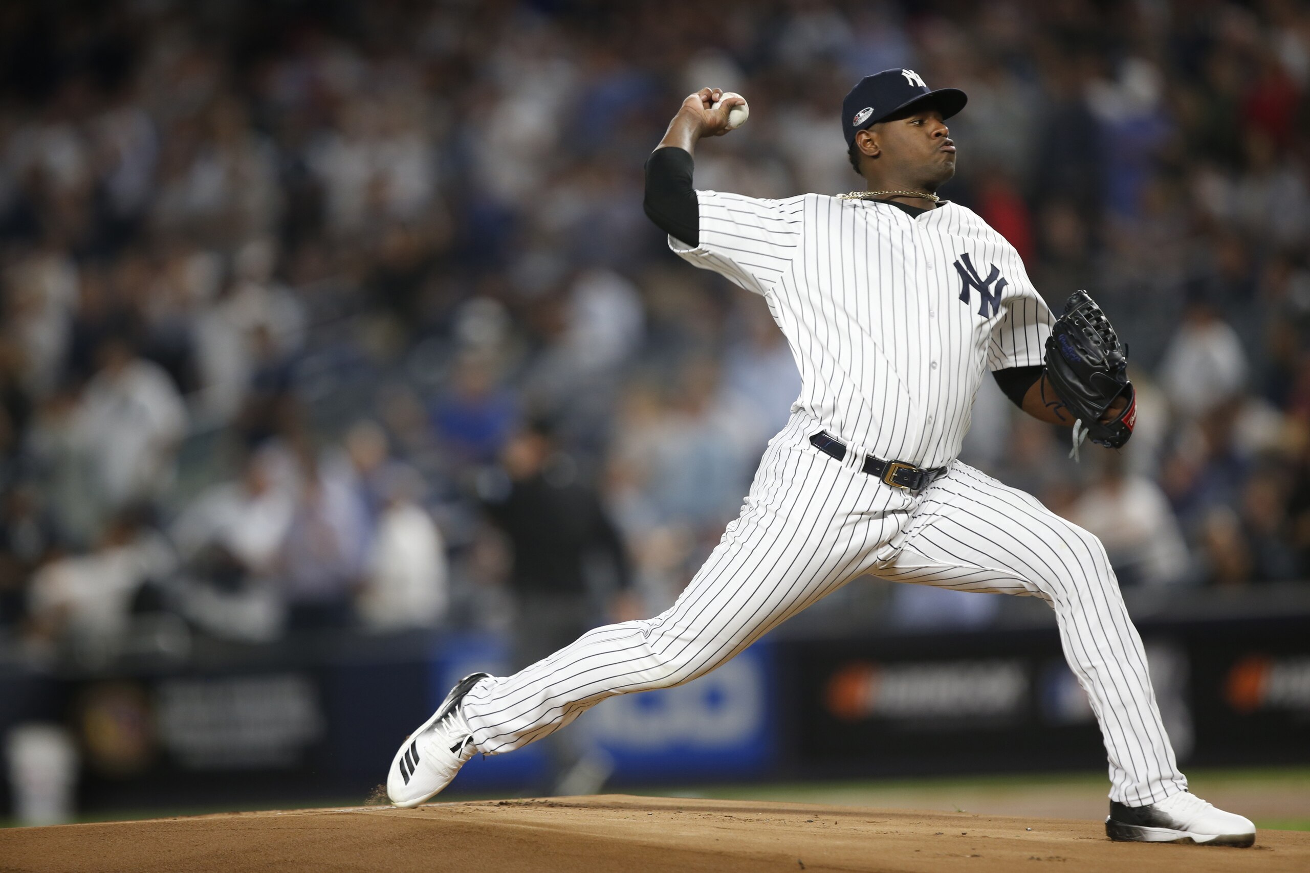 NEW YORK, NY - OCTOBER 3: Luis Severino #40 of the New York Yankees pitches during the game against the Oakland Athletics in the American League Wild Card Game at Yankee Stadium on October 3, 2018 New York, New York. The Yankees defeated the Athletics 7-2 NEW YORK, NY - OCTOBER 3: Luis Severino #40 of the New York Yankees pitches during the game against the Oakland Athletics in the American League Wild Card Game at Yankee Stadium on October 3, 2018 New York, New York. The Yankees defeated the Athletics 7-2