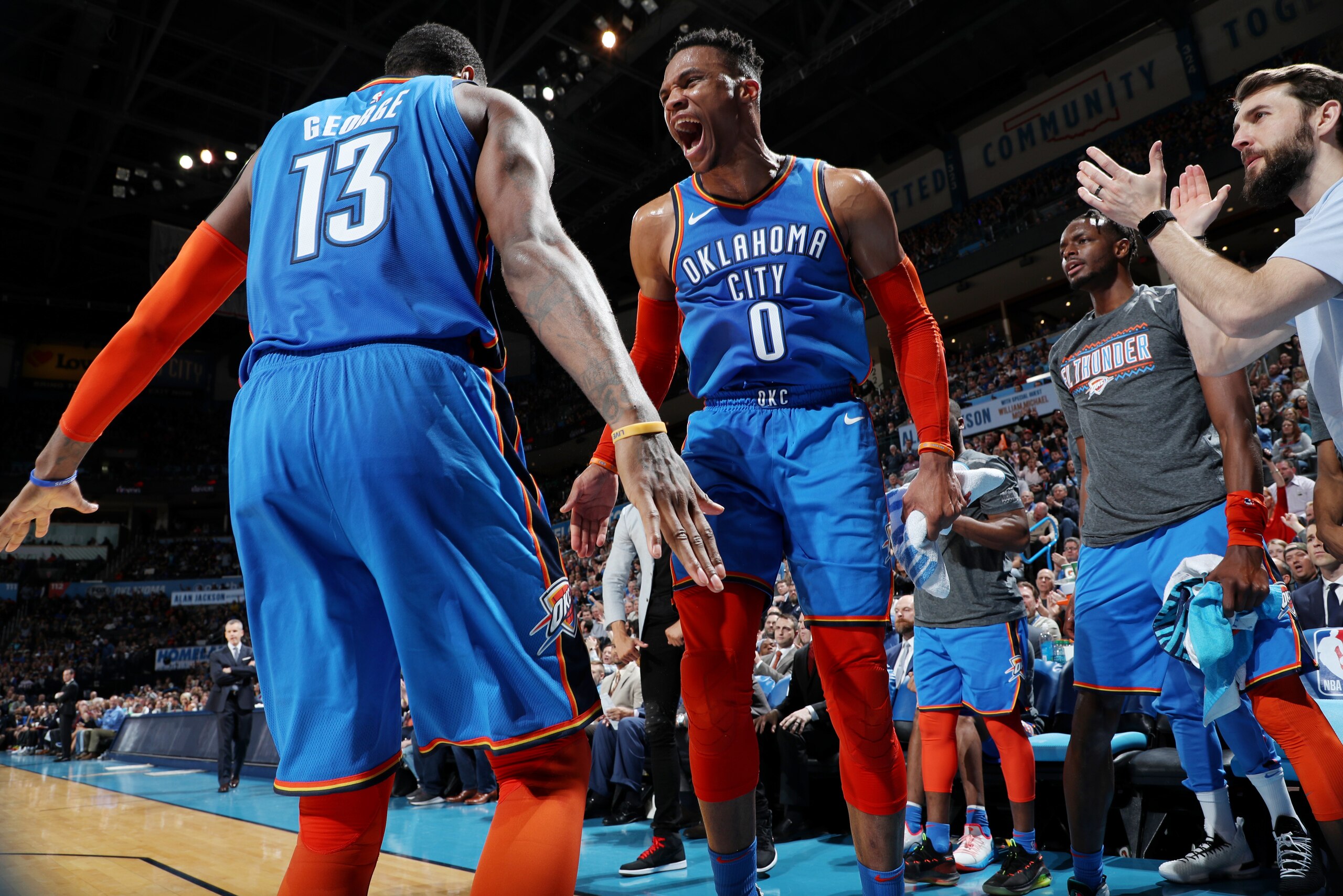 OKLAHOMA CITY, OK- MARCH 13: Russell Westbrook #0 of the Oklahoma City Thunder and Paul George #13 of the Oklahoma City Thunder celebrate during the game against the Brooklyn Nets on March 13, 2019 at Chesapeake Energy Arena in Oklahoma City, Oklahoma. NO OKLAHOMA CITY, OK- MARCH 13: Russell Westbrook #0 of the Oklahoma City Thunder and Paul George #13 of the Oklahoma City Thunder celebrate during the game against the Brooklyn Nets on March 13, 2019 at Chesapeake Energy Arena in Oklahoma City, Oklahoma. NO