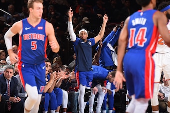 NEW YORK, NY - APRIL 10: Bruce Brown #6 of the Detroit Pistons reacts to a play during the game against the New York Knicks on April 10, 2019 at Madison Square Garden in New York City, New York. NOTE TO USER: User expressly acknowledges and agrees that, b