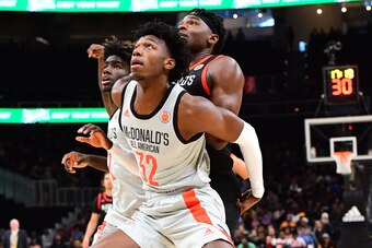 ATLANTA, GA - MARCH 27: James Wiseman #32 of East High School in Tennessee boxes out during the 2019 McDonald's High School Boys All-American Game on March 27, 2019 at State Farm Arena in Atlanta, Georgia. (Photo by Scott Cunningham/Getty Images)