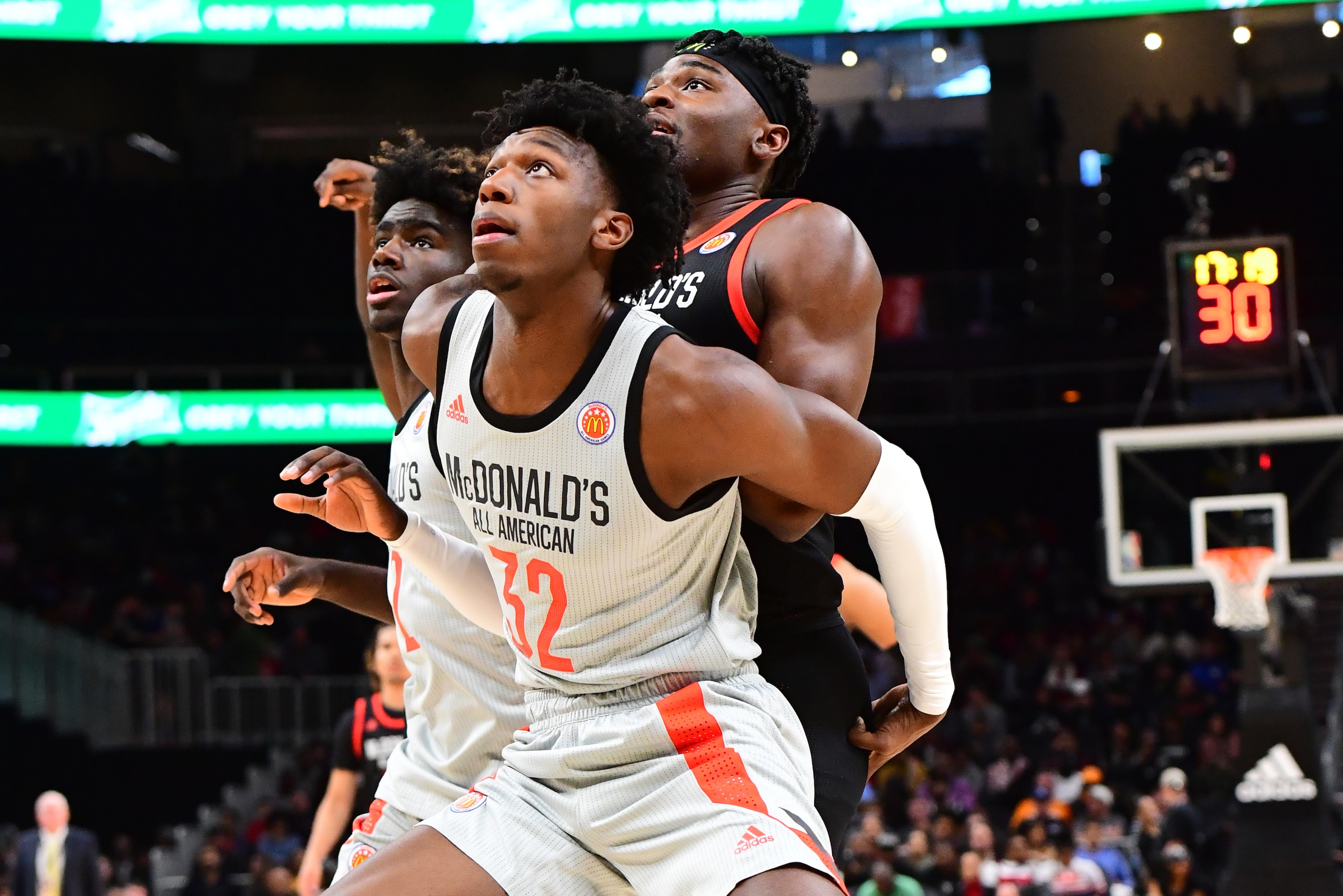 ATLANTA, GA - MARCH 27: James Wiseman #32 of East High School in Tennessee boxes out during the 2019 McDonald's High School Boys All-American Game on March 27, 2019 at State Farm Arena in Atlanta, Georgia. (Photo by Scott Cunningham/Getty Images)
