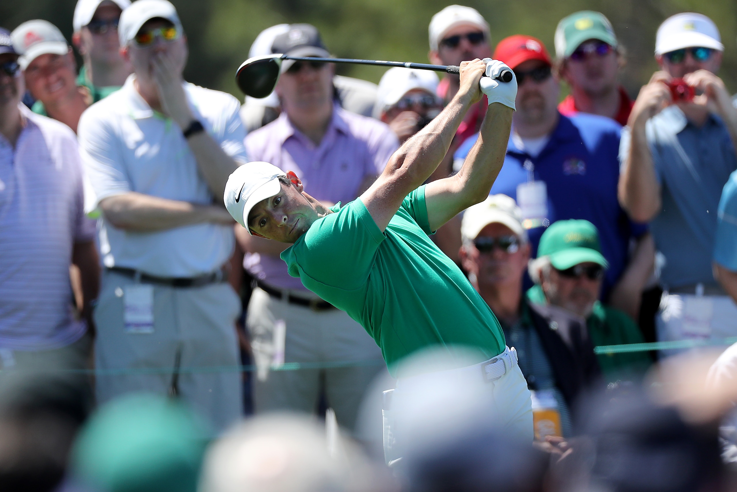 AUGUSTA, GEORGIA - APRIL 10: Rory McIlroy of Northern Ireland plays a shot during a practice round prior to the Masters at Augusta National Golf Club on April 10, 2019 in Augusta, Georgia. (Photo by David Cannon/Getty Images)