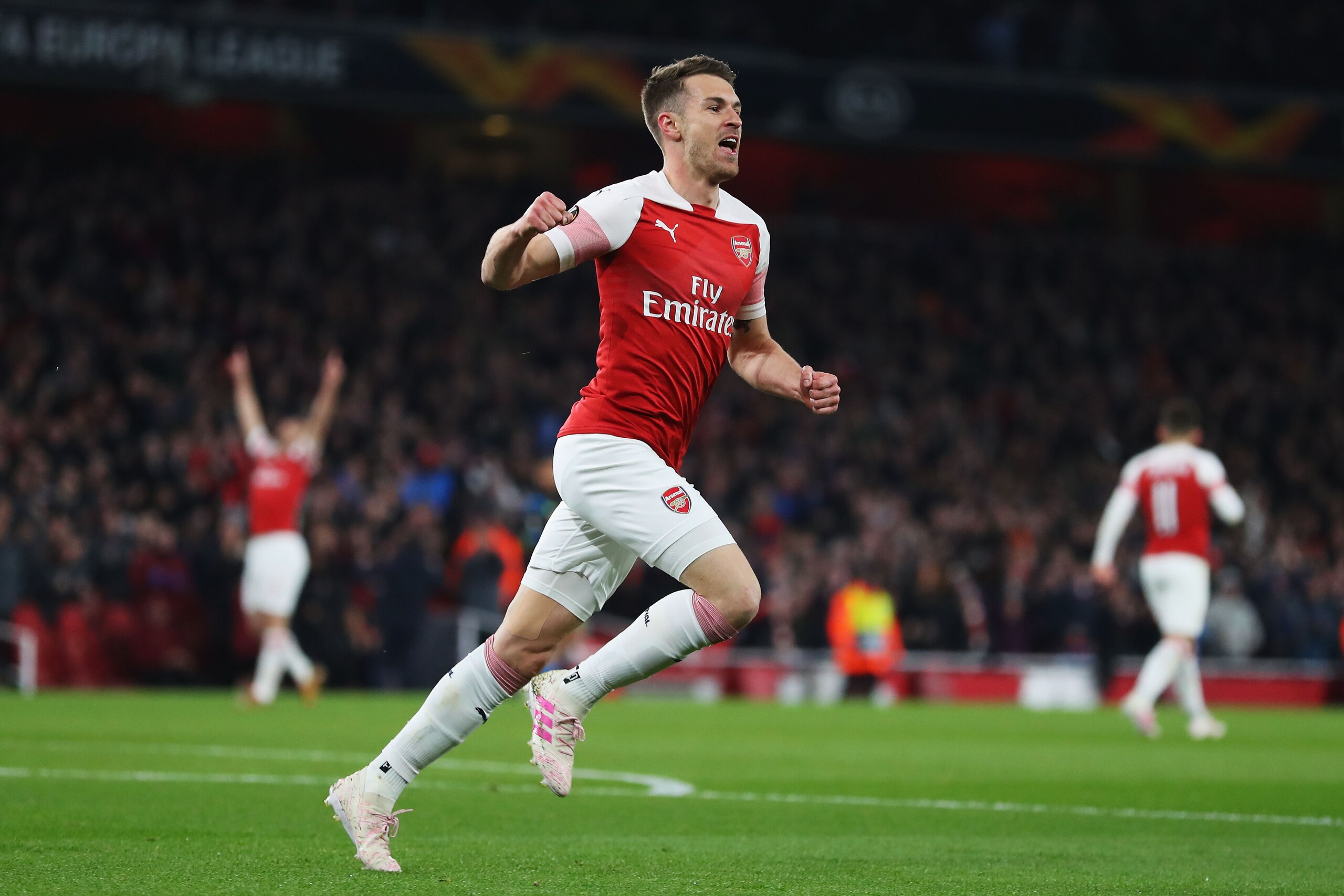 LONDON, ENGLAND - APRIL 11:  Aaron Ramsey of Arsenal celebrates scoring his teams first goal of the game during the UEFA Europa League Quarter Final First Leg match between Arsenal and S.S.C. Napoli at Emirates Stadium on April 11, 2019 in London, England