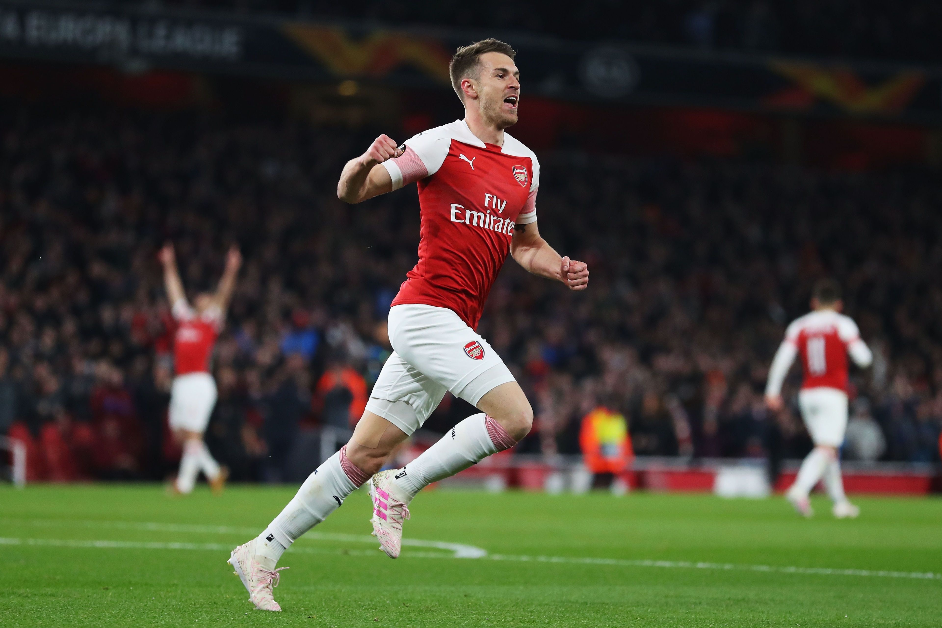 LONDON, ENGLAND - APRIL 11:  Aaron Ramsey of Arsenal celebrates scoring his teams first goal of the game during the UEFA Europa League Quarter Final First Leg match between Arsenal and S.S.C. Napoli at Emirates Stadium on April 11, 2019 in London, England