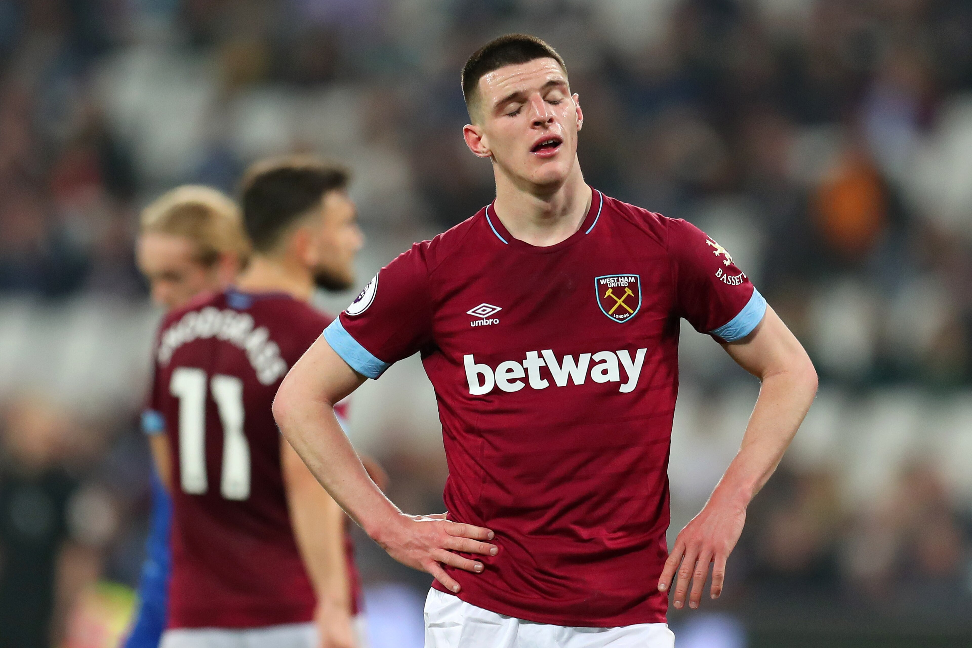 LONDON, ENGLAND - MARCH 30:  Declan Rice of West Ham United reacts during the Premier League match between West Ham United and Everton FC at London Stadium on March 30, 2019 in London, United Kingdom. (Photo by Catherine Ivill/Getty Images)