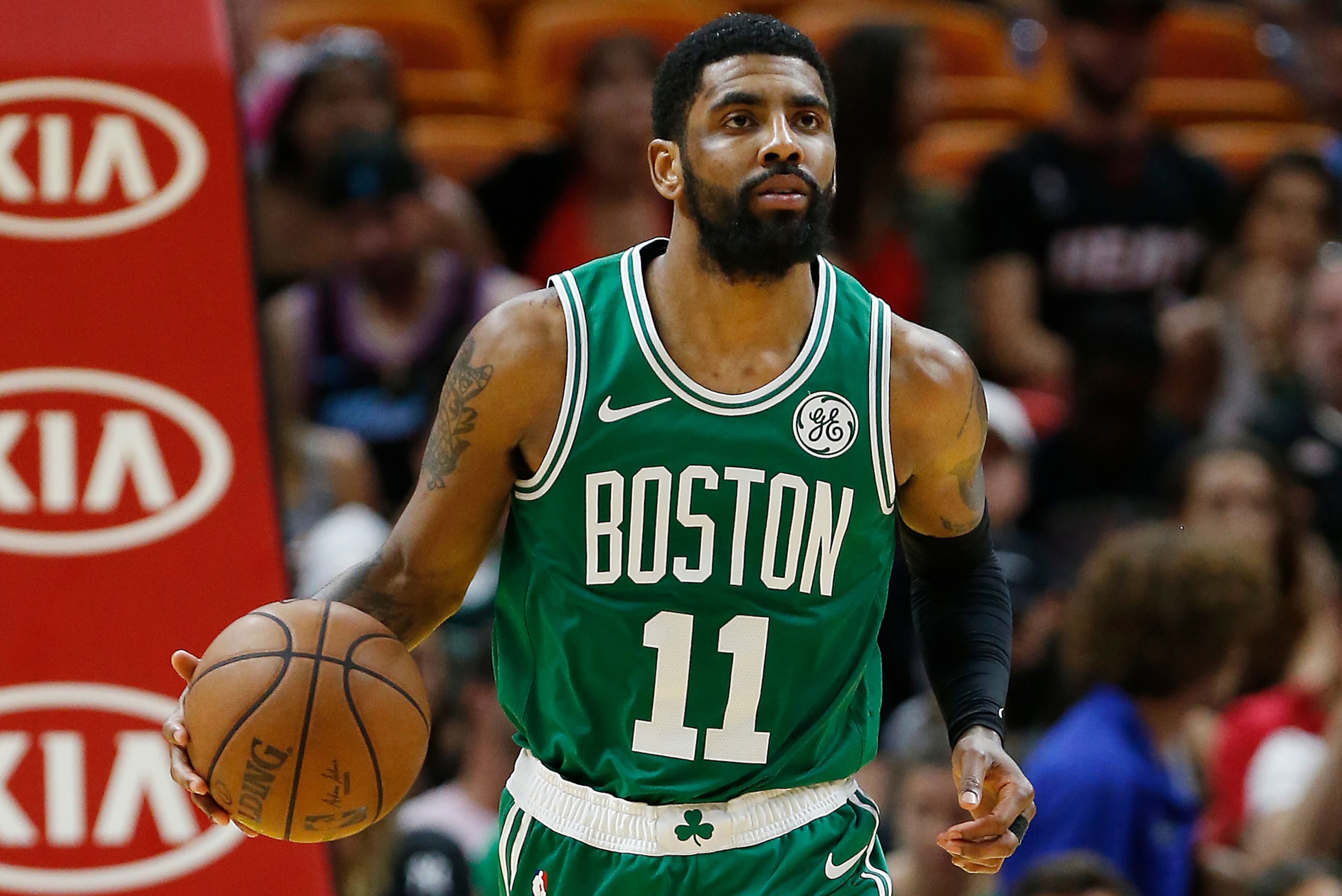 MIAMI, FLORIDA - APRIL 03: Kyrie Irving #11 of the Boston Celtics in action against the Miami Heat at American Airlines Arena on April 03, 2019 in Miami, Florida. NOTE TO USER: User expressly acknowledges and agrees that, by downloading and or using this MIAMI, FLORIDA - APRIL 03: Kyrie Irving #11 of the Boston Celtics in action against the Miami Heat at American Airlines Arena on April 03, 2019 in Miami, Florida. NOTE TO USER: User expressly acknowledges and agrees that, by downloading and or using this
