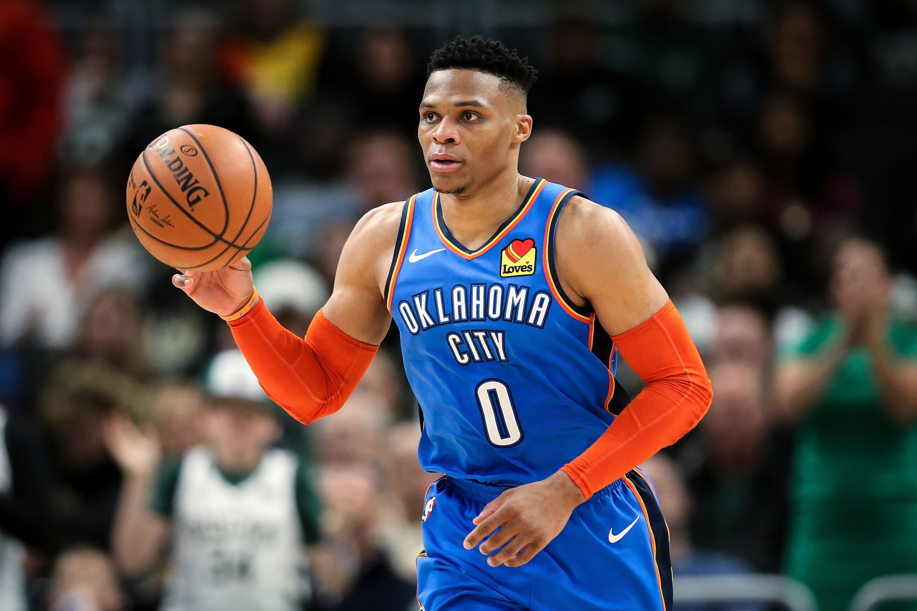 MILWAUKEE, WISCONSIN - APRIL 10: Russell Westbrook #0 of the Oklahoma City Thunder dribbles the ball in the fourth quarter against the Milwaukee Bucks at the Fiserv Forum on April 10, 2019 in Milwaukee, Wisconsin. NOTE TO USER: User expressly acknowledge MILWAUKEE, WISCONSIN - APRIL 10: Russell Westbrook #0 of the Oklahoma City Thunder dribbles the ball in the fourth quarter against the Milwaukee Bucks at the Fiserv Forum on April 10, 2019 in Milwaukee, Wisconsin. NOTE TO USER: User expressly acknowledge