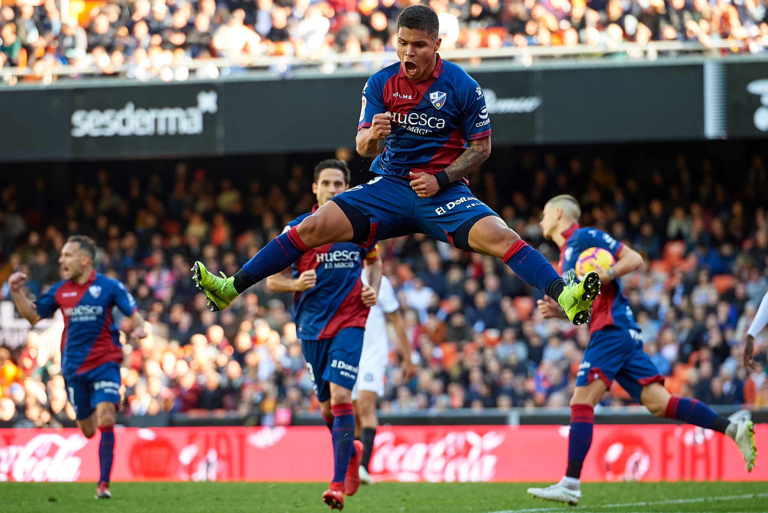 VALENCIA, SPAIN - DECEMBER 23: Juan Camilo Hernandez 'Cucho' of Huesca celebrates after scoring his sides first goal during the La Liga match between Valencia CF and SD Huesca at Estadio Mestalla on December 23, 2018 in Valencia, Spain. (Photo by Manuel Q