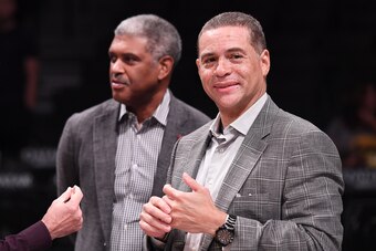 NEW YORK, NY - OCTOBER 03: General Manager Scott Perry and President Steve Mills of the New York Knicks before the preseason game against the Brooklyn Nets at Barclays Center on October 3, 2018 in the Brooklyn borough of New York City. NOTE TO USER: User 