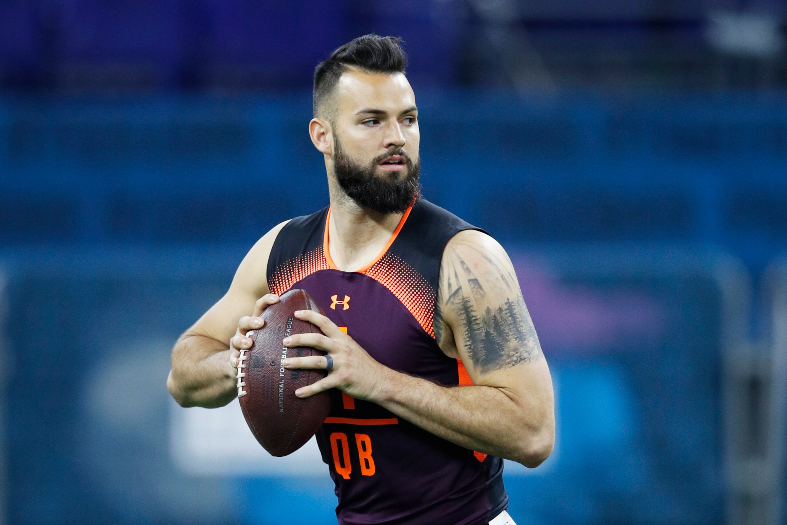 INDIANAPOLIS, IN - MARCH 02: Quarterback Will Grier of West Virginia in action during day three of the NFL Combine at Lucas Oil Stadium on March 2, 2019 in Indianapolis, Indiana. (Photo by Joe Robbins/Getty Images)