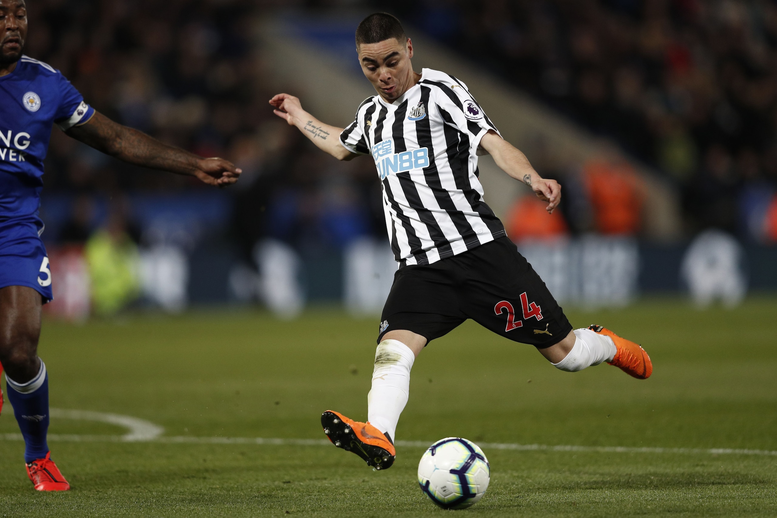 Newcastle United's Paraguayan midfielder Miguel Almiron has an unsuccessful shot during the English Premier League football match between Leicester City and Newcastle United at King Power Stadium in Leicester, central England on April 12, 2019. (Photo by 