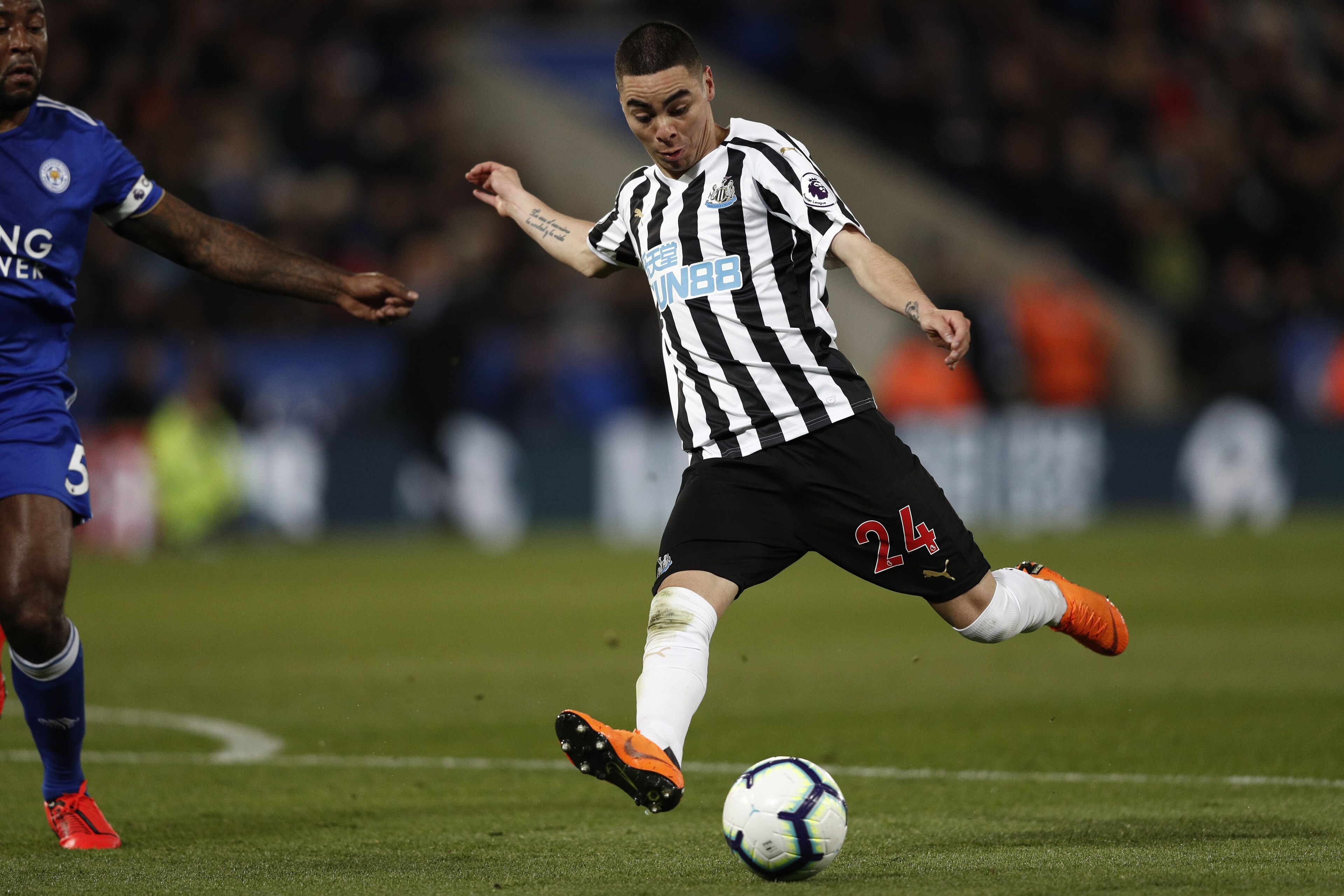 Newcastle United's Paraguayan midfielder Miguel Almiron has an unsuccessful shot during the English Premier League football match between Leicester City and Newcastle United at King Power Stadium in Leicester, central England on April 12, 2019. (Photo by 