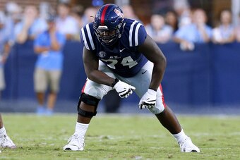 OXFORD, MS - SEPTEMBER 15:  Greg Little #74 of the Mississippi Rebels guards during a game against the Alabama Crimson Tide at Vaught-Hemingway Stadium on September 15, 2018 in Oxford, Mississippi.  (Photo by Jonathan Bachman/Getty Images)