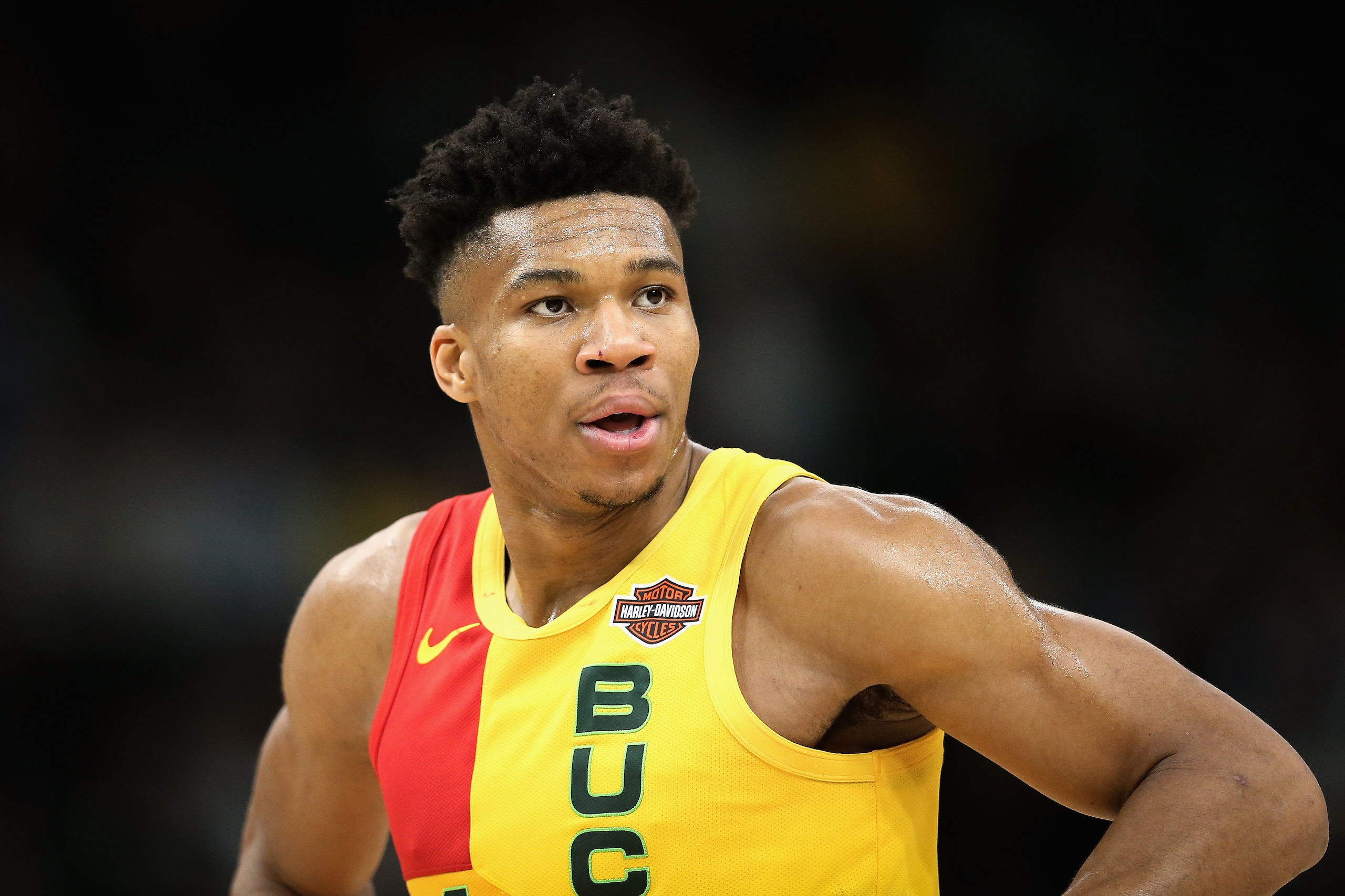 MILWAUKEE, WISCONSIN - APRIL 07:  Giannis Antetokounmpo #34 of the Milwaukee Bucks walks across the court in the third quarter against the Atlanta Hawks at the Fiserv Forum on April 07, 2019 in Milwaukee, Wisconsin. NOTE TO USER: User expressly acknowledg