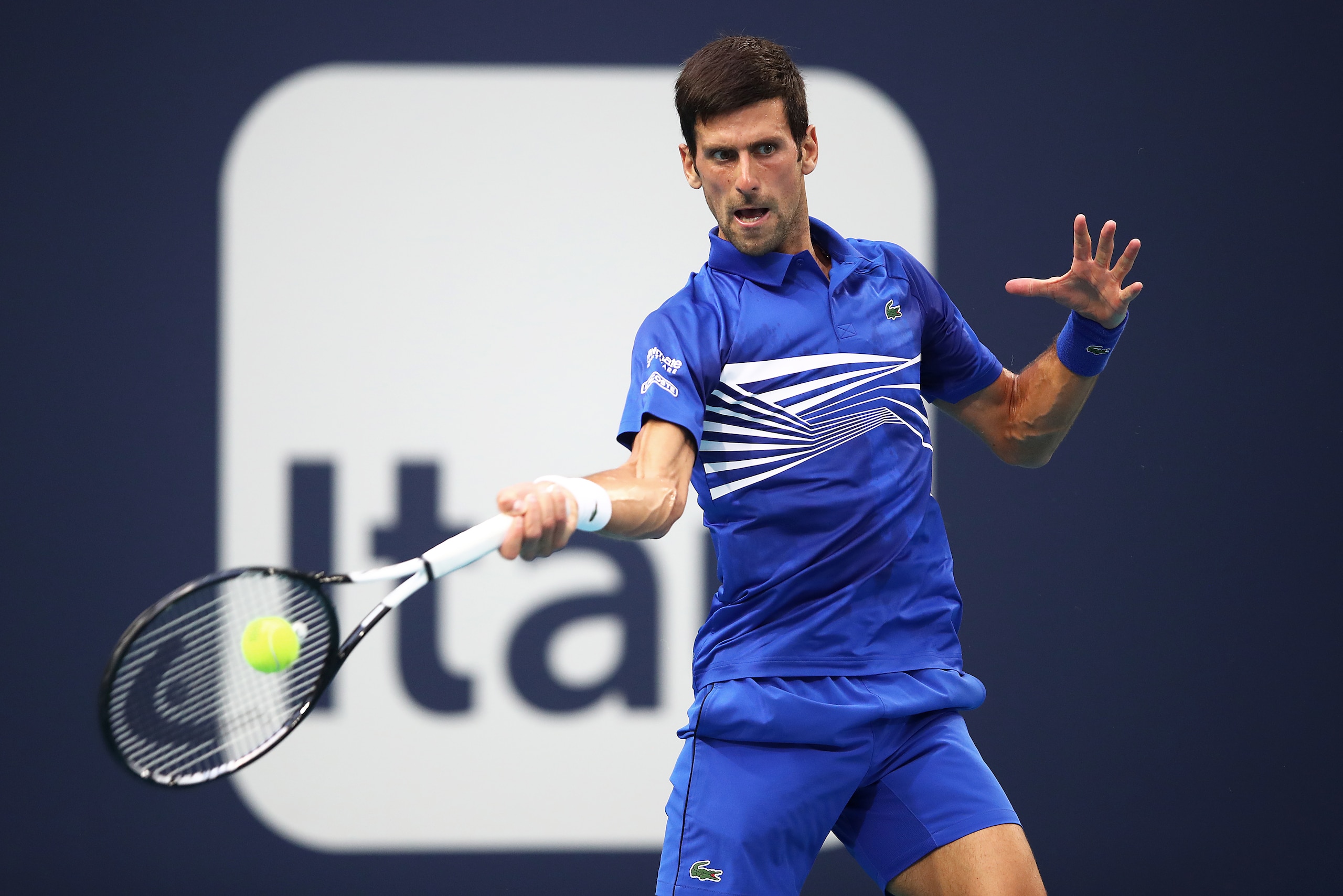 MIAMI GARDENS, FLORIDA - MARCH 26:  Novak Djokovic of Serbia in action against Roberto Bautista Agut of Spain during the Miami Open tennis on March 26, 2019 in Miami Gardens, Florida. (Photo by Julian Finney/Getty Images)