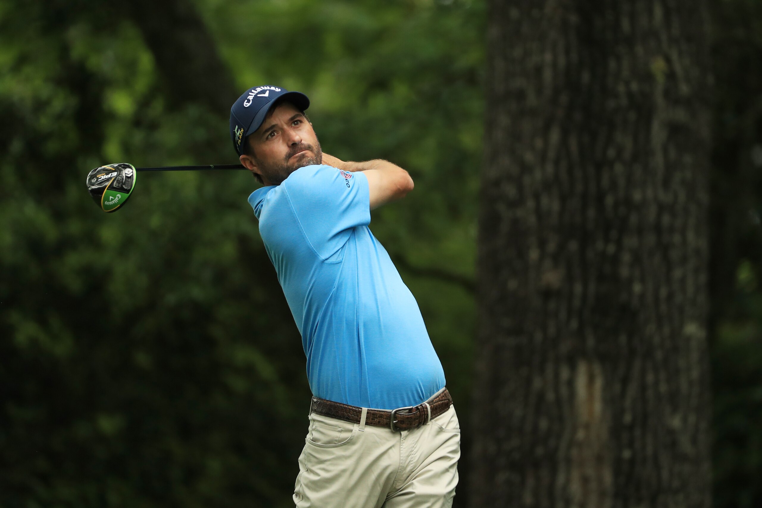 AUGUSTA, GEORGIA - APRIL 13: Kevin Kisner of the United States plays his shot from the second tee during the third round of the Masters at Augusta National Golf Club on April 13, 2019 in Augusta, Georgia. (Photo by Mike Ehrmann/Getty Images)