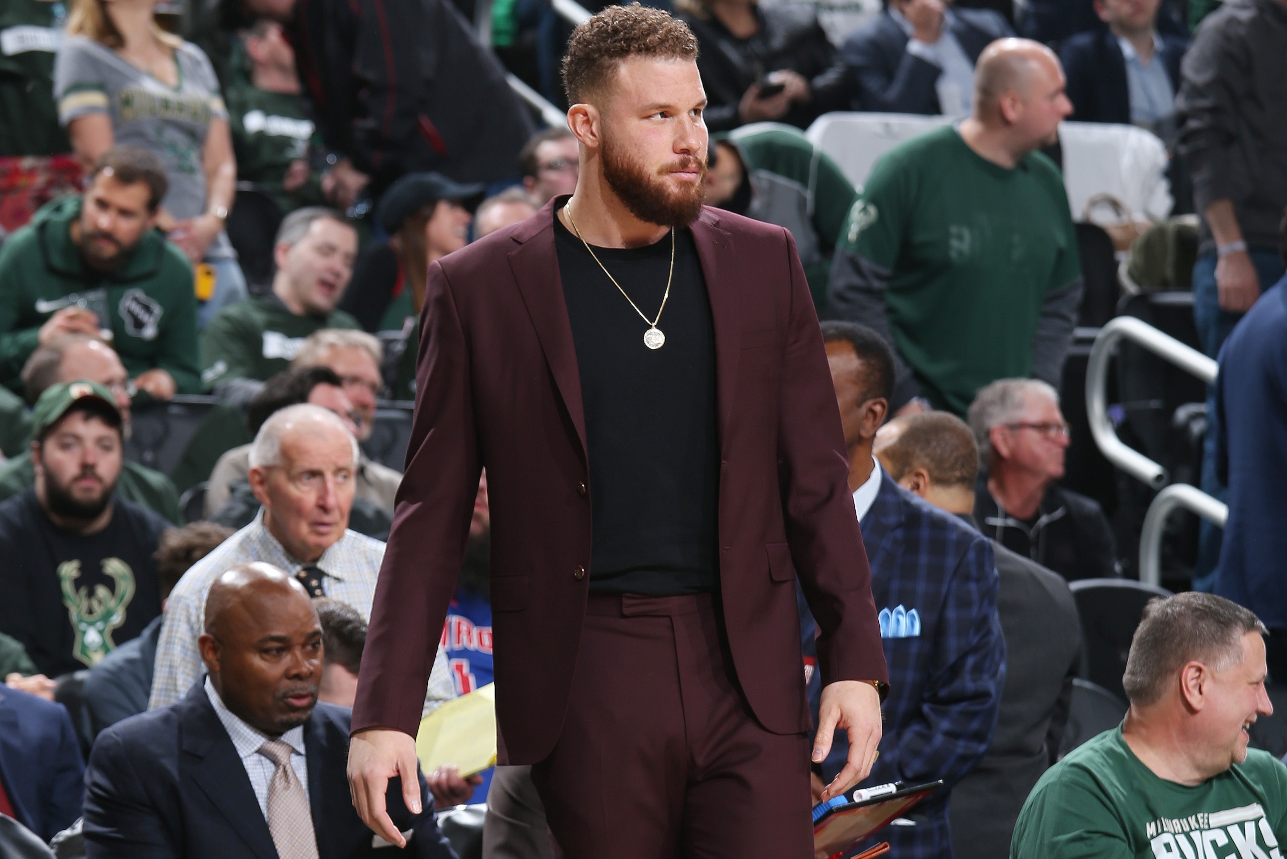 MILWAUKEE, WI - APRIL 14: Blake Griffin #23 of the Detroit Pistons stares on during the game against the Milwaukee Bucks during Game One of Round One of the 2019 NBA Playoffs on April 14, 2019 at the Fiserv Forum in Milwaukee, Wisconsin. NOTE TO USER: Use