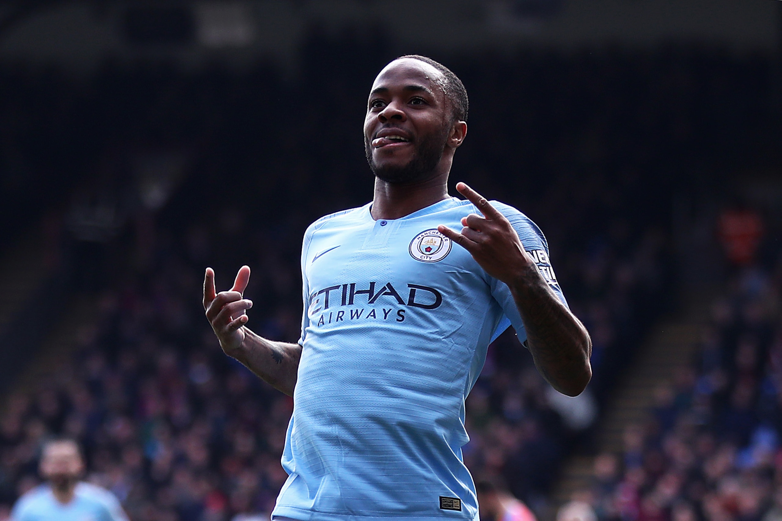 LONDON, ENGLAND - APRIL 14:  Raheem Sterling of Manchester City celebrates scoring his second goal during the Premier League match between Crystal Palace and Manchester City at Selhurst Park on April 14, 2019 in London, United Kingdom. (Photo by Julian Fi