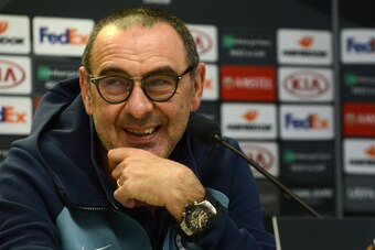 Chelsea's Italian head coach Maurizio Sarri gives a press conference on the eve of the UEFA Europa League quarter-final, first leg, football match Slavia Prague v Chelsea FC in Prague on April 10, 2019. (Photo by Michal CIZEK / AFP)        (Photo credit s