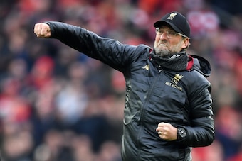 LIVERPOOL, ENGLAND - APRIL 14:  Jurgen Klopp, Manager of Liverpool celebrates victory after the Premier League match between Liverpool FC and Chelsea FC at Anfield on April 14, 2019 in Liverpool, United Kingdom. (Photo by Michael Regan/Getty Images)