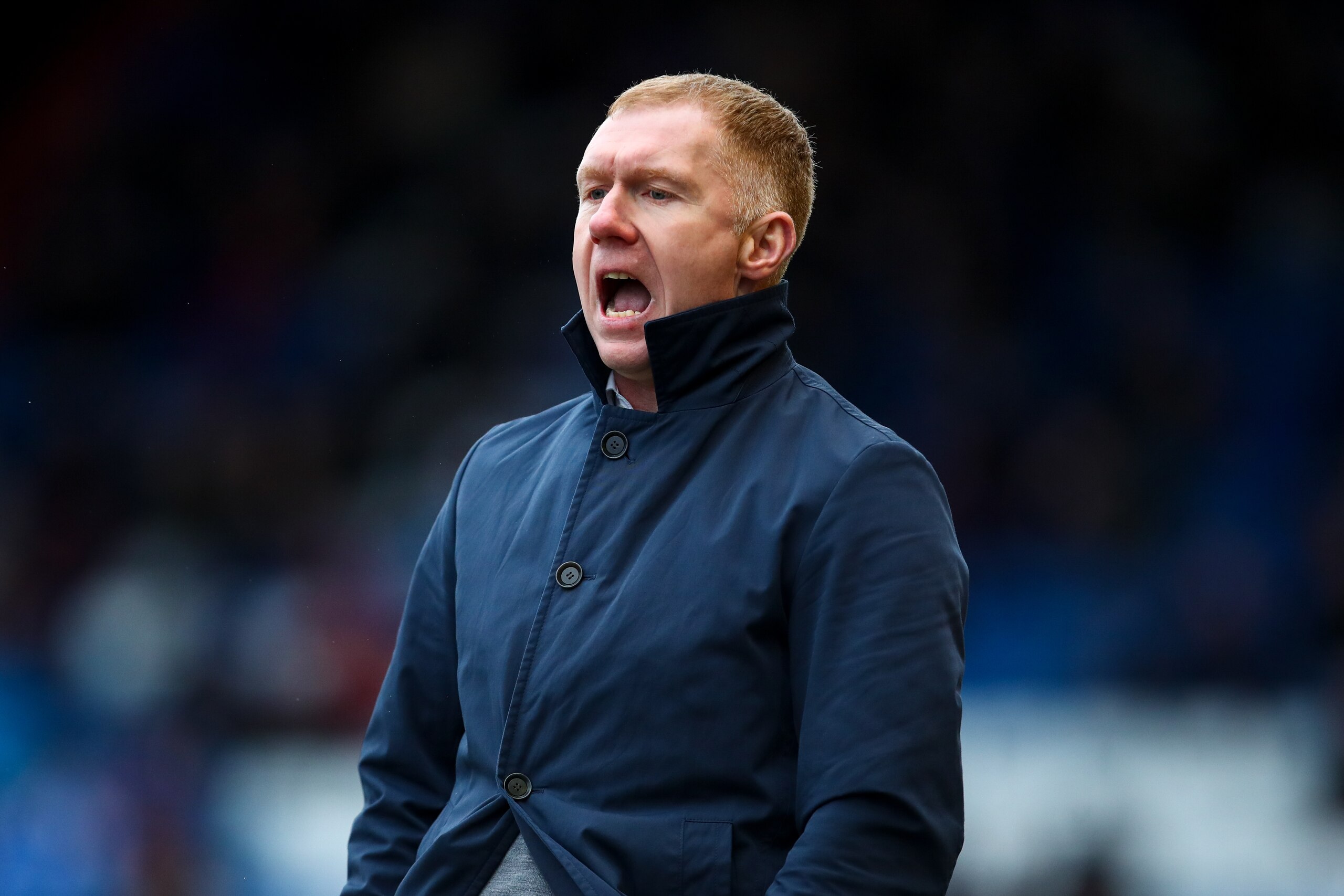 OLDHAM, ENGLAND - FEBRUARY 16:  Paul Scholes the head coach / manager of Oldham Athletic during the Sky Bet League Two match between Oldham Athletic and Crew Alexandra at Boundary Park on February 16, 2019 in Oldham, United Kingdom. (Photo by Robbie Jay B