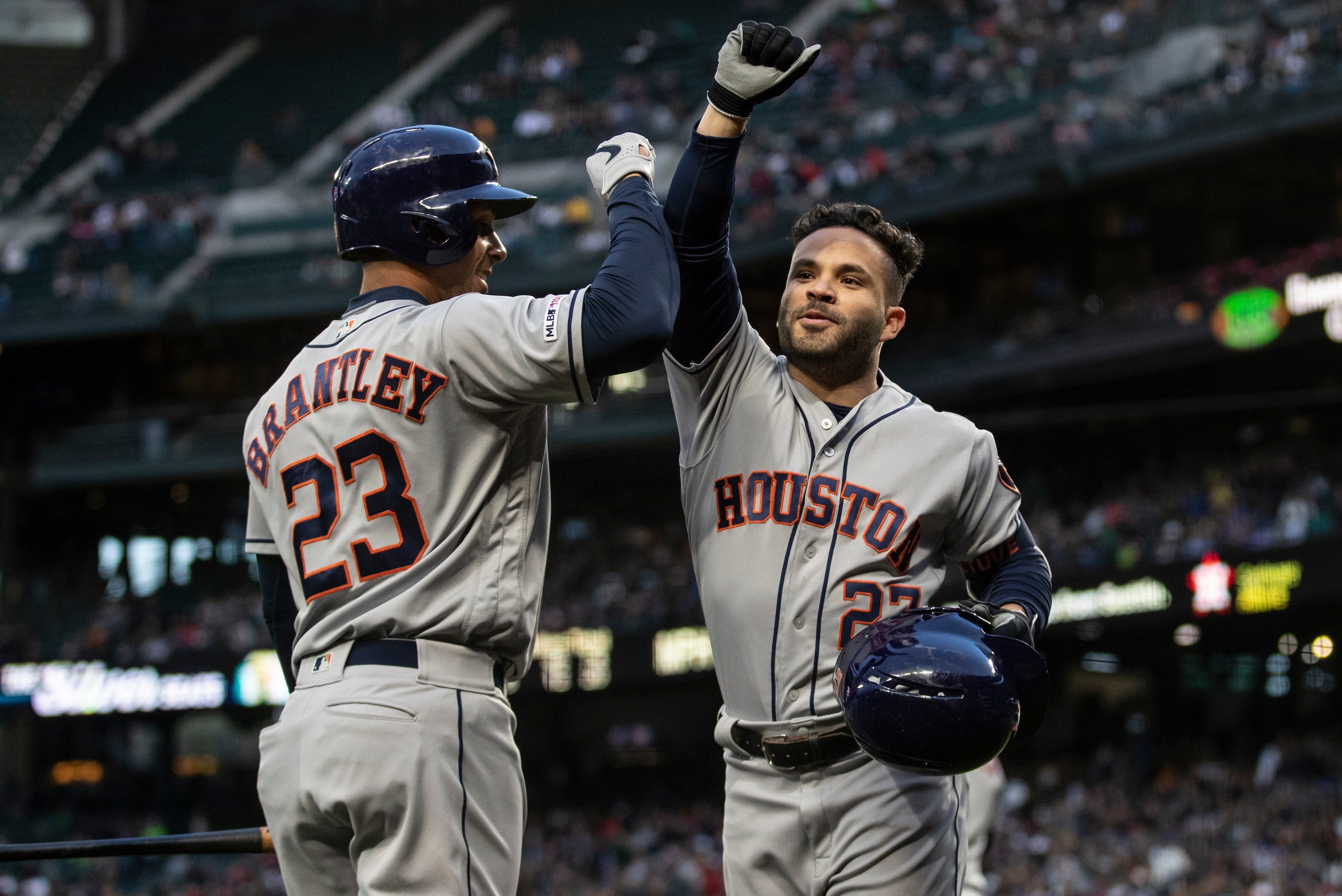 SEATTLE, WA - APRIL 13: Jose Altuve #27 of the Houston Astros is congratulated by Michael Brantley #23 of the Houston Astros after hitting a solo home run off of starting pitcher Felix Hernandez #34 of the Seattle Mariners during the fifth inning of a gam SEATTLE, WA - APRIL 13: Jose Altuve #27 of the Houston Astros is congratulated by Michael Brantley #23 of the Houston Astros after hitting a solo home run off of starting pitcher Felix Hernandez #34 of the Seattle Mariners during the fifth inning of a gam