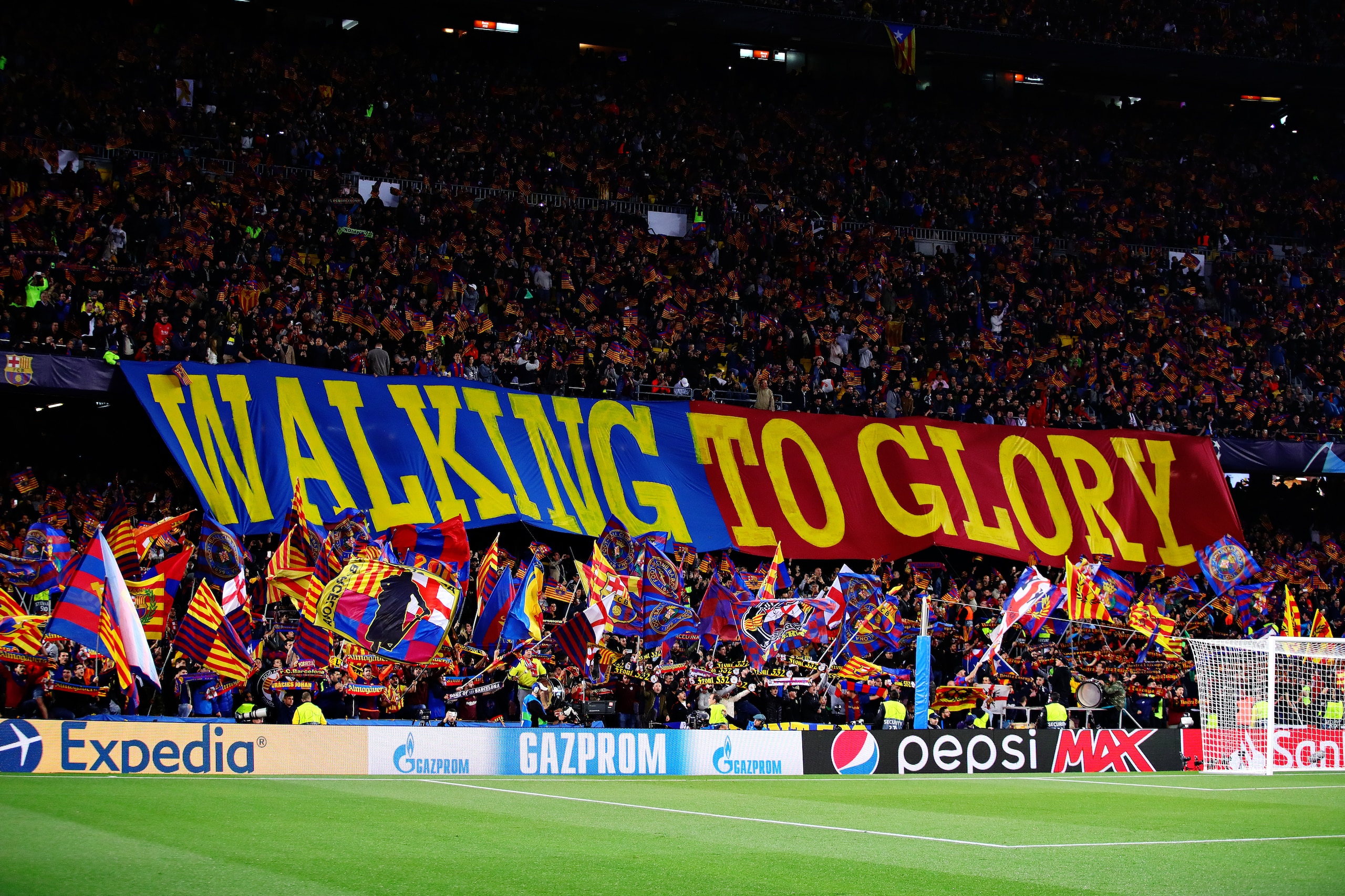BARCELONA, SPAIN - APRIL 16: FC Barcelona fans support their team during the UEFA Champions League Quarter Final second leg match between FC Barcelona and Manchester United at Camp Nou on April 16, 2019 in Barcelona, Spain. (Photo by Chris Brunskill/Fanta BARCELONA, SPAIN - APRIL 16: FC Barcelona fans support their team during the UEFA Champions League Quarter Final second leg match between FC Barcelona and Manchester United at Camp Nou on April 16, 2019 in Barcelona, Spain. (Photo by Chris Brunskill/Fanta