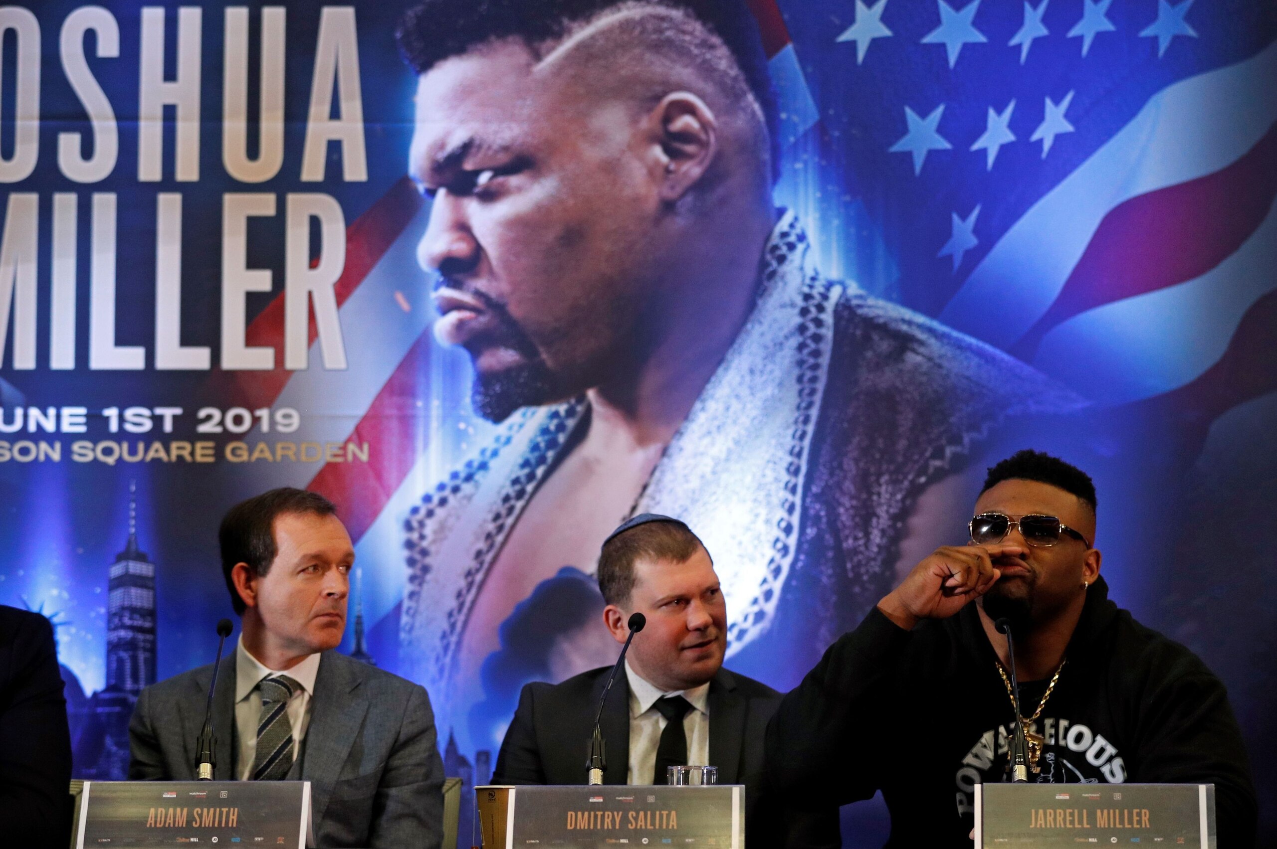 US boxer Jarrell Miller (R) gestures during a press conference in London on February 25, 2019, ahead of his forthcoming IBF, WBA and WBO heavyweight title boxing match against British boxer Anthony Joshua. - Joshua will fight in the United States for the US boxer Jarrell Miller (R) gestures during a press conference in London on February 25, 2019, ahead of his forthcoming IBF, WBA and WBO heavyweight title boxing match against British boxer Anthony Joshua. - Joshua will fight in the United States for the