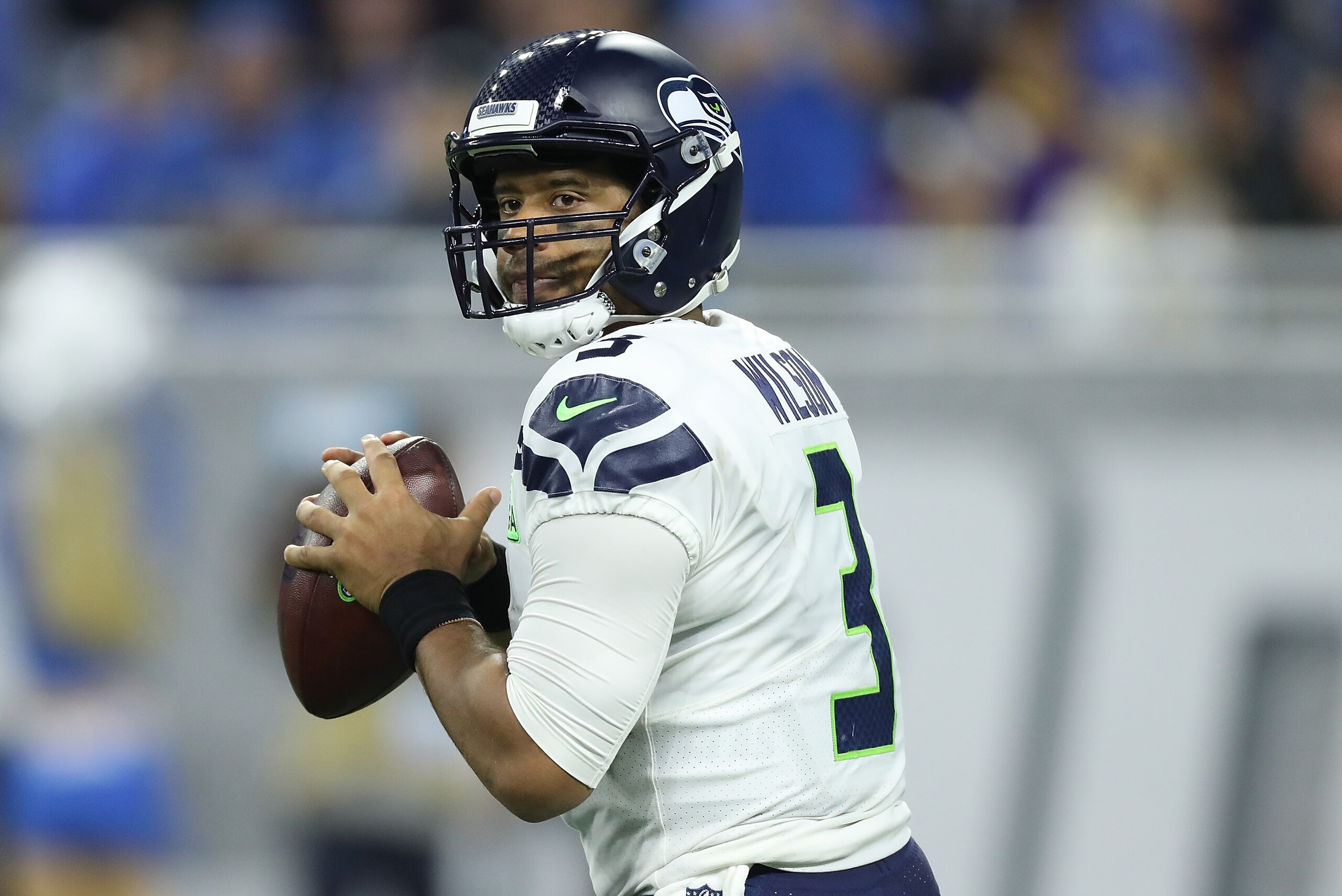 DETROIT, MI - OCTOBER 28: Russell Wilson #3 of the Seattle Seahawks drops back to pass during the first quarter of the game against the Detroit Lions at Ford Field on October 28, 2018 in Detroit, Michigan. Seattle defeated Detroit 28-14. (Photo by Leon Ha