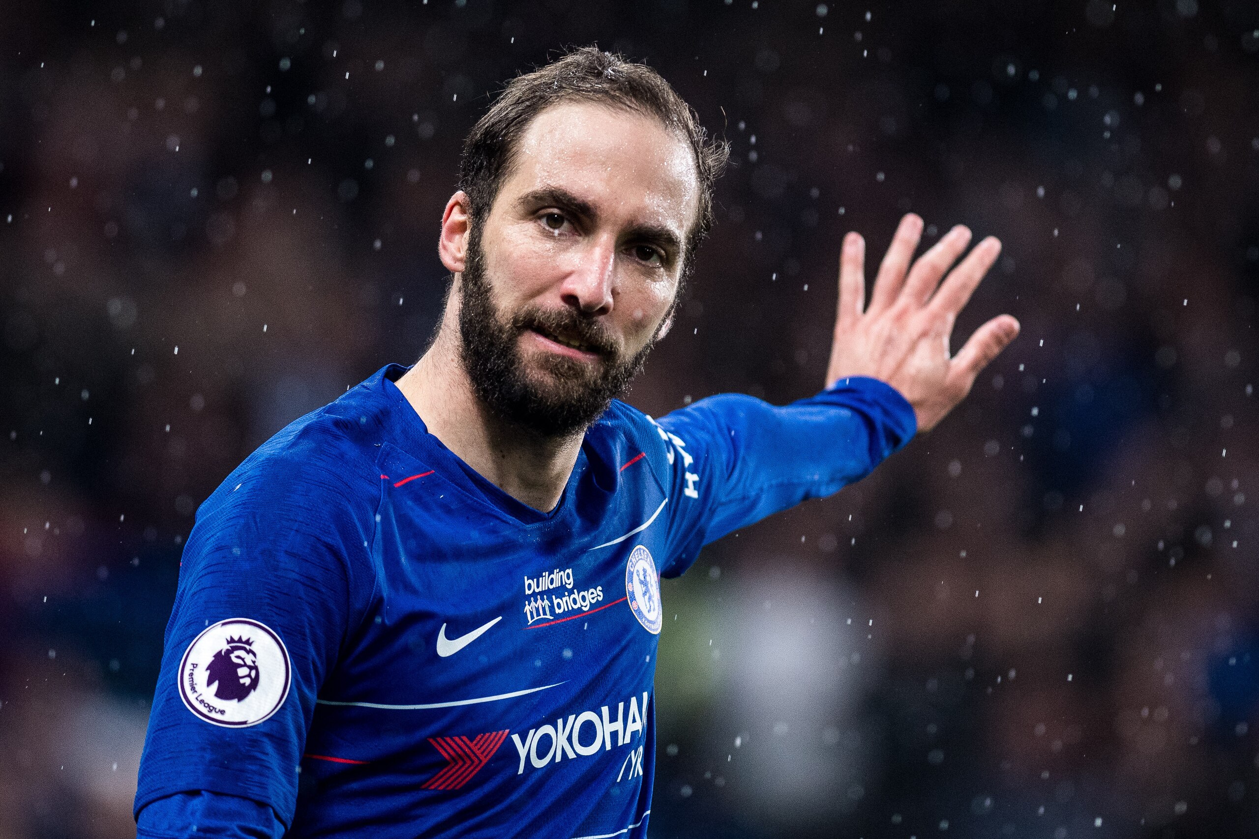 LONDON, ENGLAND - APRIL 08: Gonzalo Higuain of Chelsea FC reacts during the Premier League match between Chelsea FC and West Ham United at Stamford Bridge on April 8, 2019 in London, United Kingdom. (Photo by Sebastian Frej/MB Media/Getty Images)