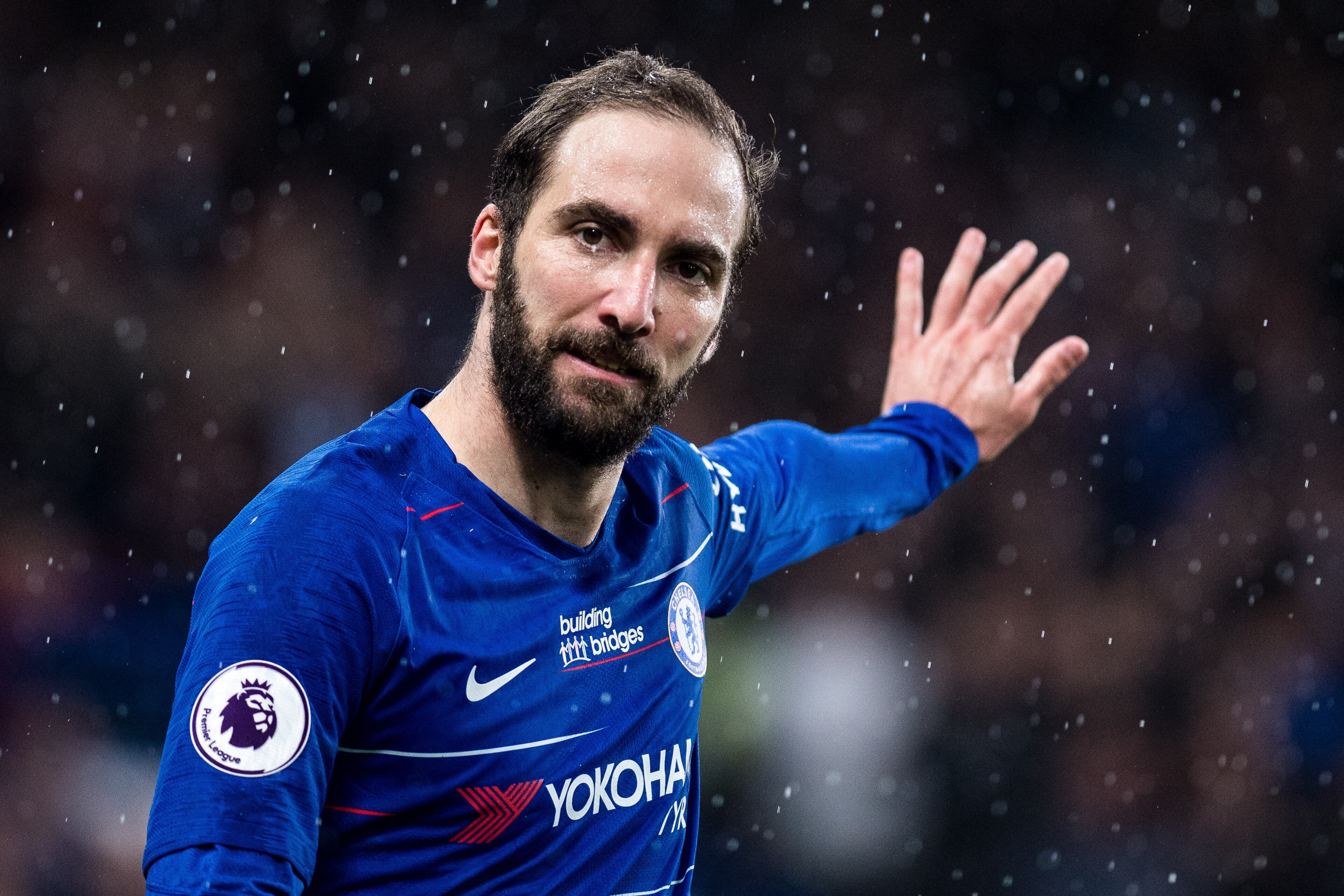 LONDON, ENGLAND - APRIL 08: Gonzalo Higuain of Chelsea FC reacts during the Premier League match between Chelsea FC and West Ham United at Stamford Bridge on April 8, 2019 in London, United Kingdom. (Photo by Sebastian Frej/MB Media/Getty Images)