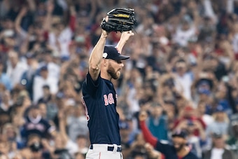 LOS ANGELES, CA - OCTOBER 28: Chris Sale #41 of the Boston Red Sox reacts after the final out was recorded to win the 2018 World Series in game five against the Los Angeles Dodgers on October 28, 2018 at Dodger Stadium in Los Angeles, California. (Photo b
