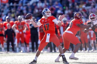 MOBILE, AL - JANUARY 26: Quarterback Daniel Jones #17 of Duke of the North Team passes during the 2019 Resse's Senior Bowl at Ladd-Peebles Stadium on January 26, 2019 in Mobile, Alabama. The North defeated the South 34 to 24. (Photo by Don Juan Moore/Gett