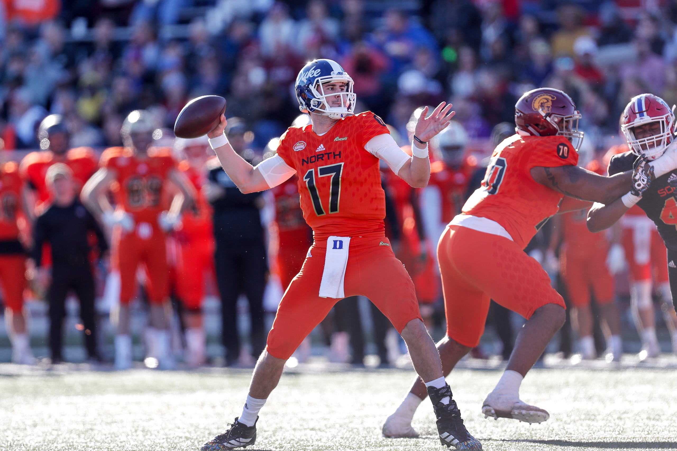 MOBILE, AL - JANUARY 26: Quarterback Daniel Jones #17 of Duke of the North Team passes during the 2019 Resse's Senior Bowl at Ladd-Peebles Stadium on January 26, 2019 in Mobile, Alabama. The North defeated the South 34 to 24. (Photo by Don Juan Moore/Gett