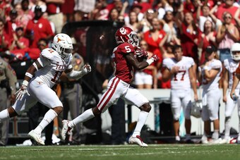 DALLAS, TX - OCTOBER 06:  Marquise Brown #5 of the Oklahoma Sooners during the 2018 AT&T Red River Showdown at Cotton Bowl on October 6, 2018 in Dallas, Texas.  (Photo by Ronald Martinez/Getty Images)