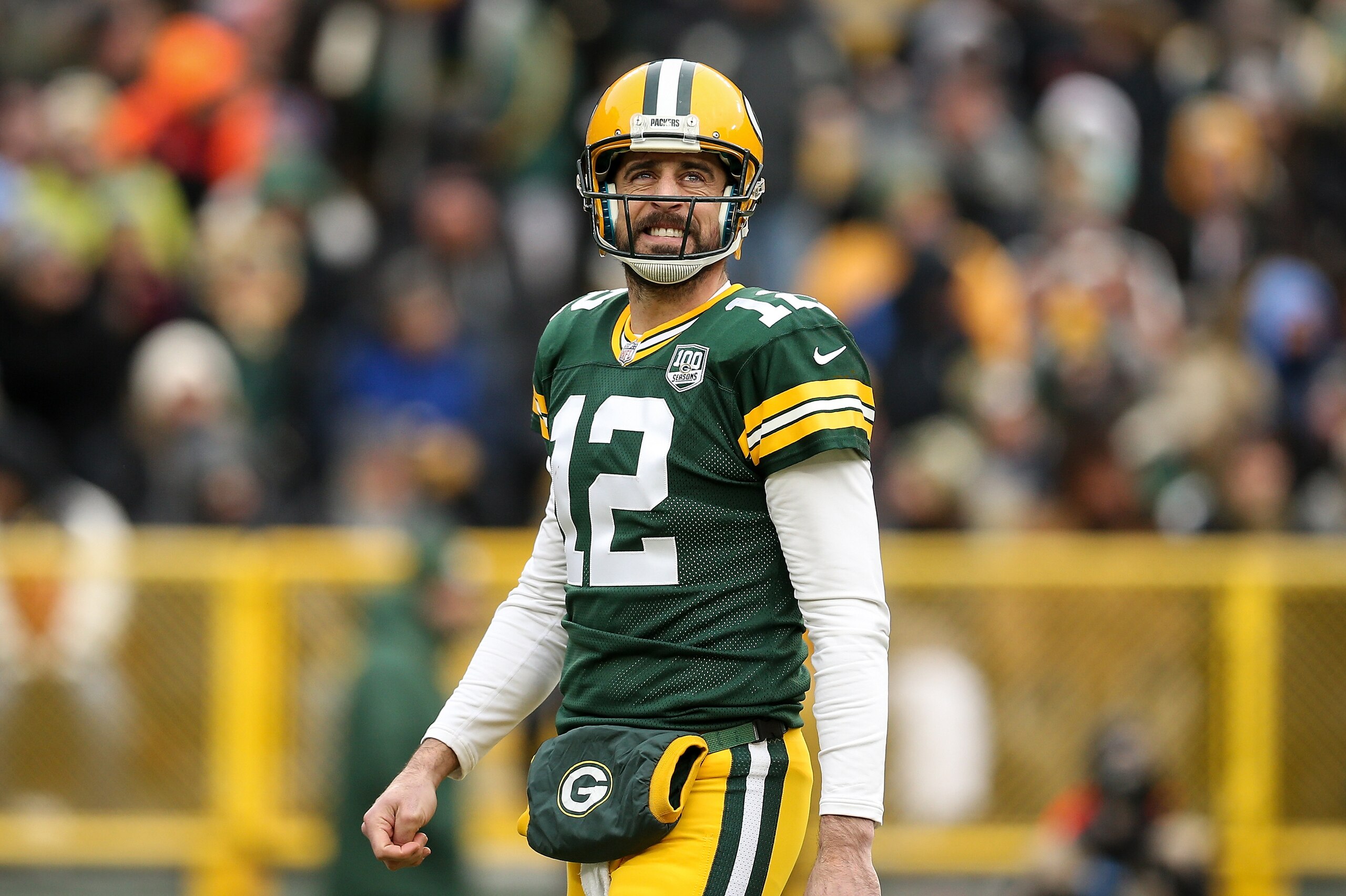 GREEN BAY, WISCONSIN - DECEMBER 30:  Aaron Rodgers #12 of the Green Bay Packers reacts in the first quarter against the Detroit Lions at Lambeau Field on December 30, 2018 in Green Bay, Wisconsin. (Photo by Dylan Buell/Getty Images)