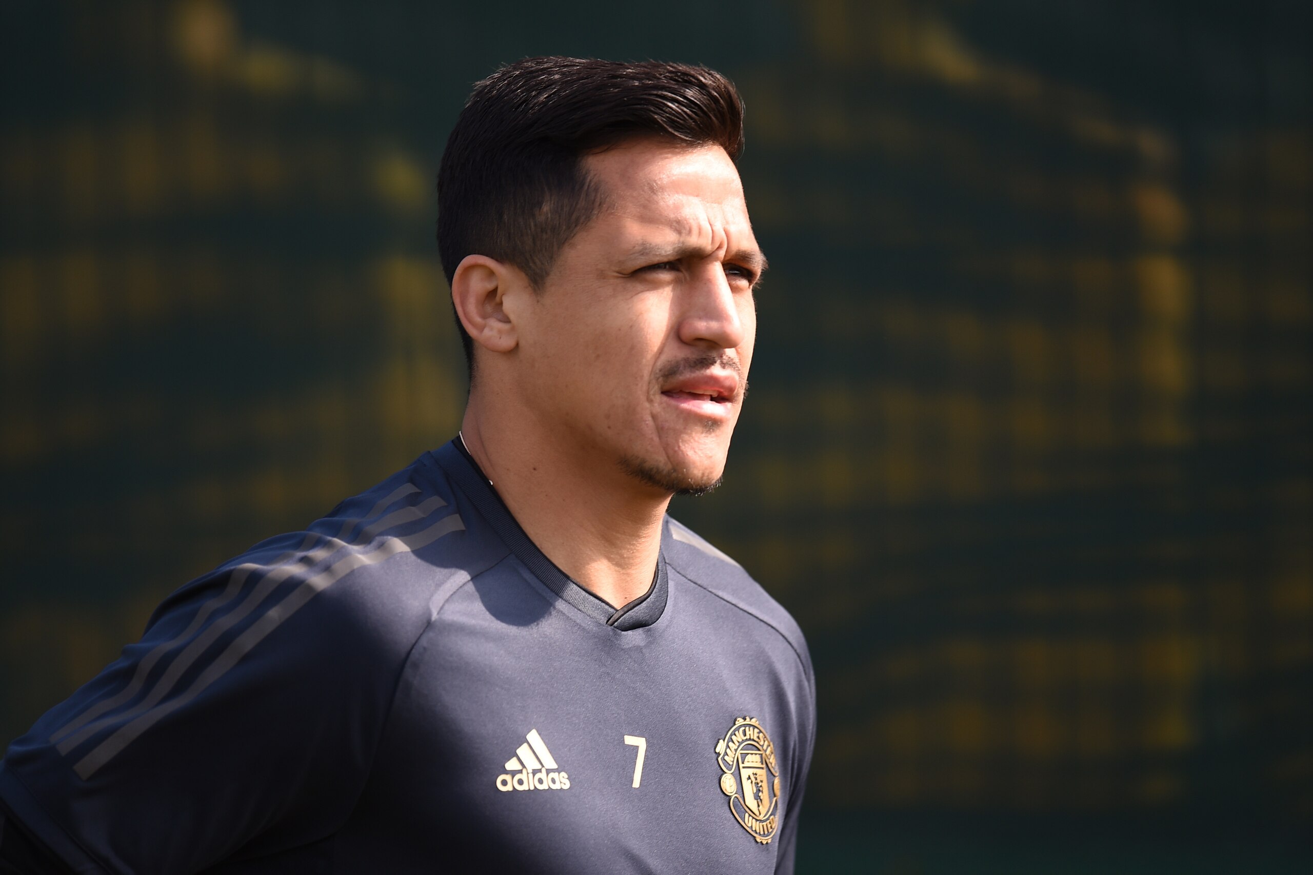Manchester United's Chilean forward Alexis Sanchez attends a training session at the Carrington training ground in greater Manchester, north west England on April 9, 2019, on the eve of their UEFA Champions League quarter final first leg football match ag