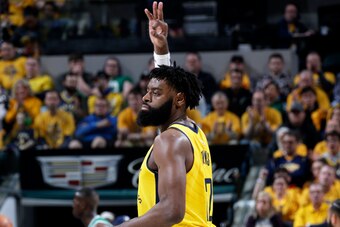 INDIANAPOLIS, IN - APRIL 19: Tyreke Evans #12 of the Indiana Pacers reacts during a game against the Boston Celtics during Round One Game Three of the 2019 NBA Playoffs on April 19, 2019 at Bankers Life Fieldhouse in Indianapolis, Indiana. NOTE TO USER: U