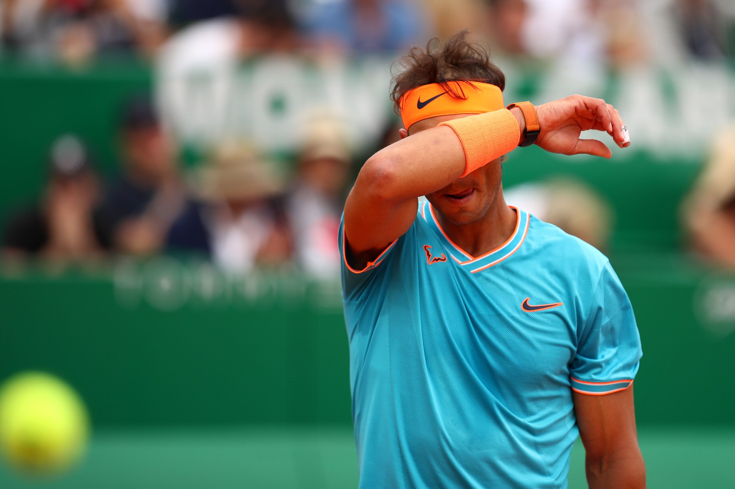 MONTE-CARLO, MONACO - APRIL 20: Rafael Nadal of Spain shows his dejection during his straight sets defeat by Fabio Fognini of Italy in their semifinal match during day seven of the Rolex Monte-Carlo Masters at Monte-Carlo Country Club on April 20, 2019 in