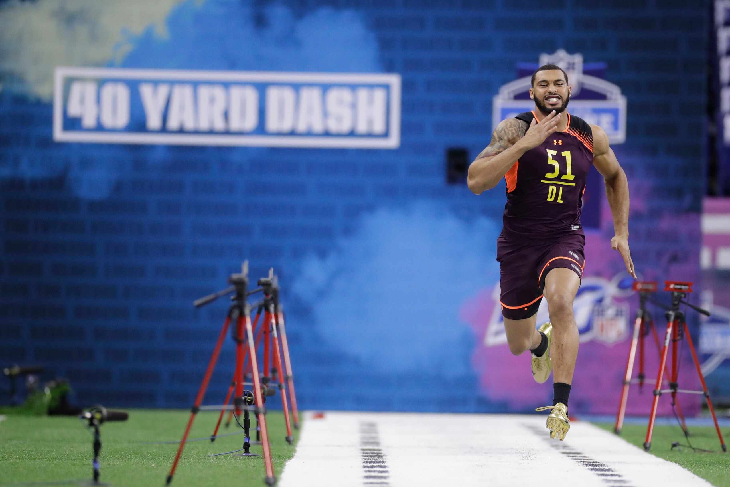 Mississippi State defensive end Montez Sweat runs the 40-yard dash at the 2019 NFL Scouting Combine. Mississippi State defensive end Montez Sweat runs the 40-yard dash at the 2019 NFL Scouting Combine.