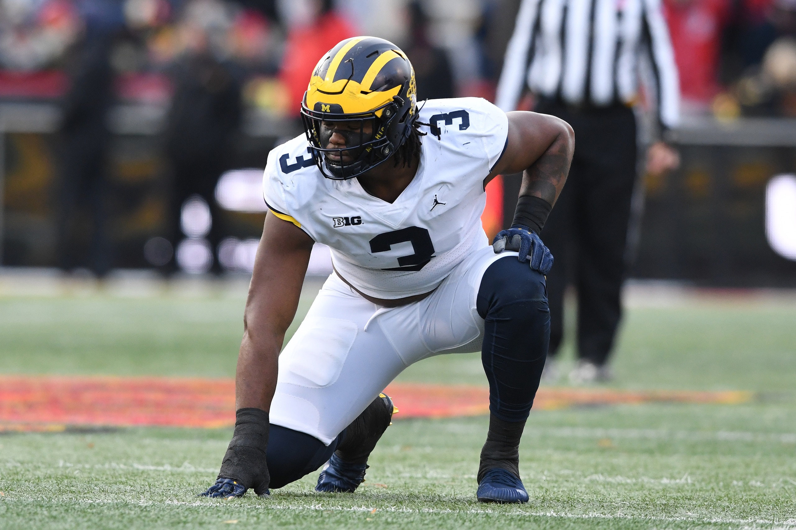 COLLEGE PARK, MD - NOVEMBER 11: Rashan Gary #3 of the Michigan Wolverines in position during a college football game against the Maryland Terrapins at Capitol One Field on November 11, 2017 in College Park, Maryland. The Wolverines won 84-75. (Photo by COLLEGE PARK, MD - NOVEMBER 11: Rashan Gary #3 of the Michigan Wolverines in position during a college football game against the Maryland Terrapins at Capitol One Field on November 11, 2017 in College Park, Maryland. The Wolverines won 84-75. (Photo by