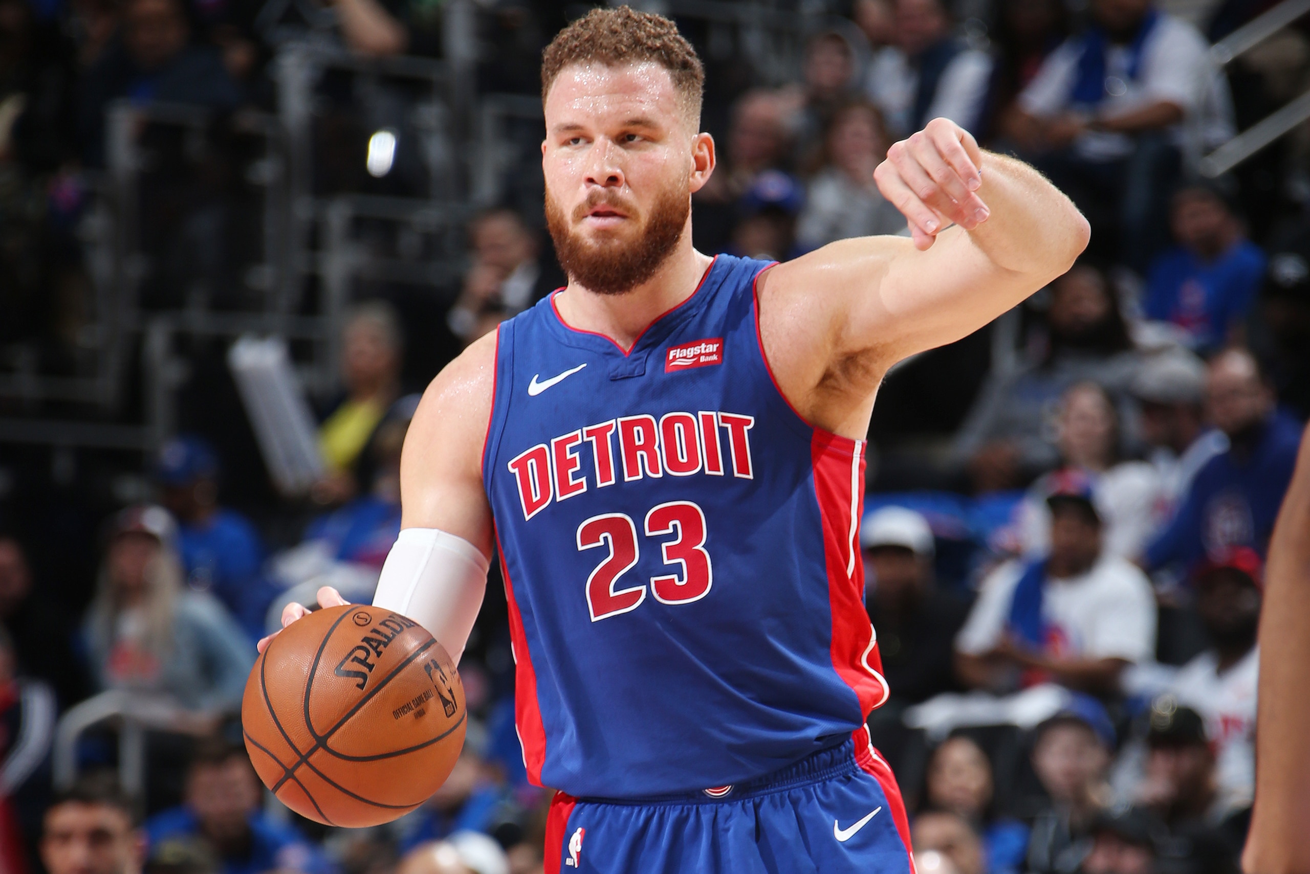 DETROIT, MI - APRIL 20: Blake Griffin #23 of the Detroit Pistons reacts during the game against the Milwaukee Bucks during Game Three of Round One of the 2019 NBA Playoffs on April 20, 2019 at the Little Caesars Arena in Detroit, Michigan. NOTE TO USER: DETROIT, MI - APRIL 20: Blake Griffin #23 of the Detroit Pistons reacts during the game against the Milwaukee Bucks during Game Three of Round One of the 2019 NBA Playoffs on April 20, 2019 at the Little Caesars Arena in Detroit, Michigan. NOTE TO USER: