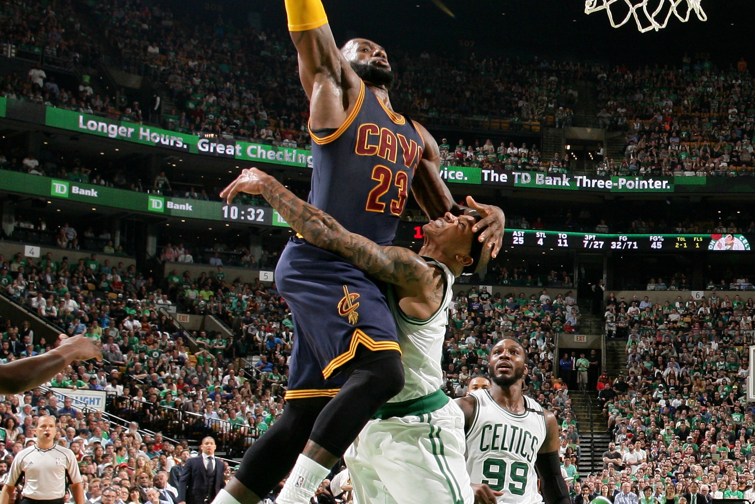 BOSTON, MA - MAY 17:  LeBron James #23 of the Cleveland Cavaliers drives to the basket over Isaiah Thomas #4 of the Boston Celtics the Boston Celtics in Game One of the Eastern Conference Finals during the 2017 NBA Playoffs on May 17, 2017 at the TD Garde