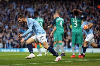 MANCHESTER, ENGLAND - APRIL 17:  Bernardo Silva of Manchester City celebrates scoring a goal during the UEFA Champions League Quarter Final second leg match between Manchester City and Tottenham Hotspur at at Etihad Stadium on April 17, 2019 in Manchester